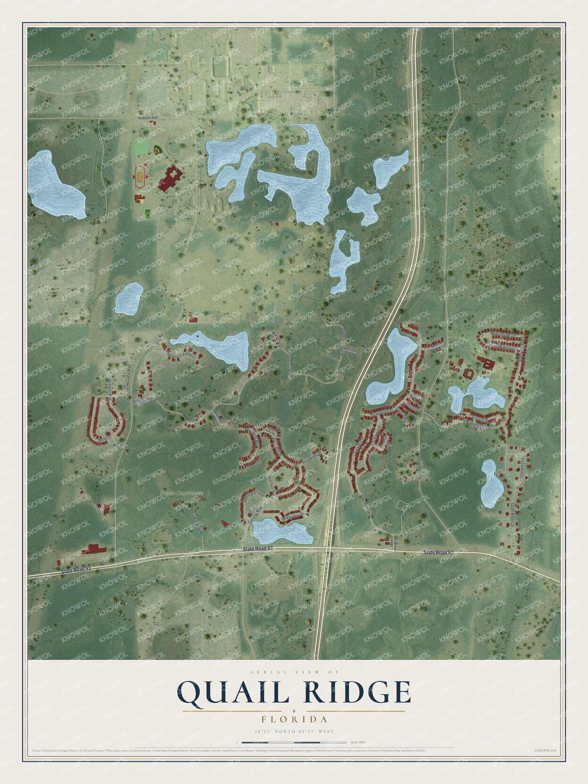 Full map of Quail Ridge, Florida, with red buildings, printed street names and the land around them