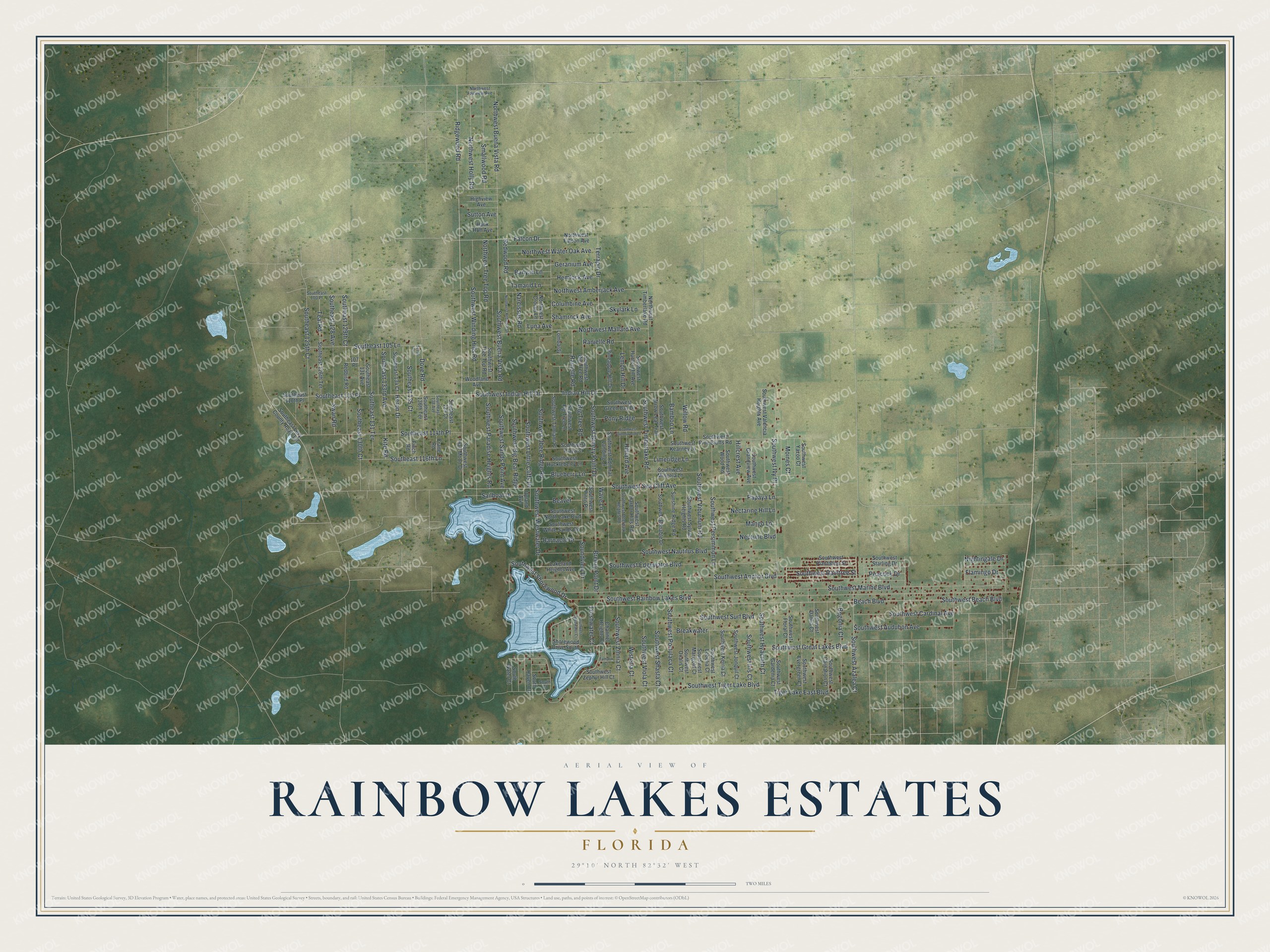 Full map of Rainbow Lakes Estates, Florida, with red buildings, printed street names and the land around them