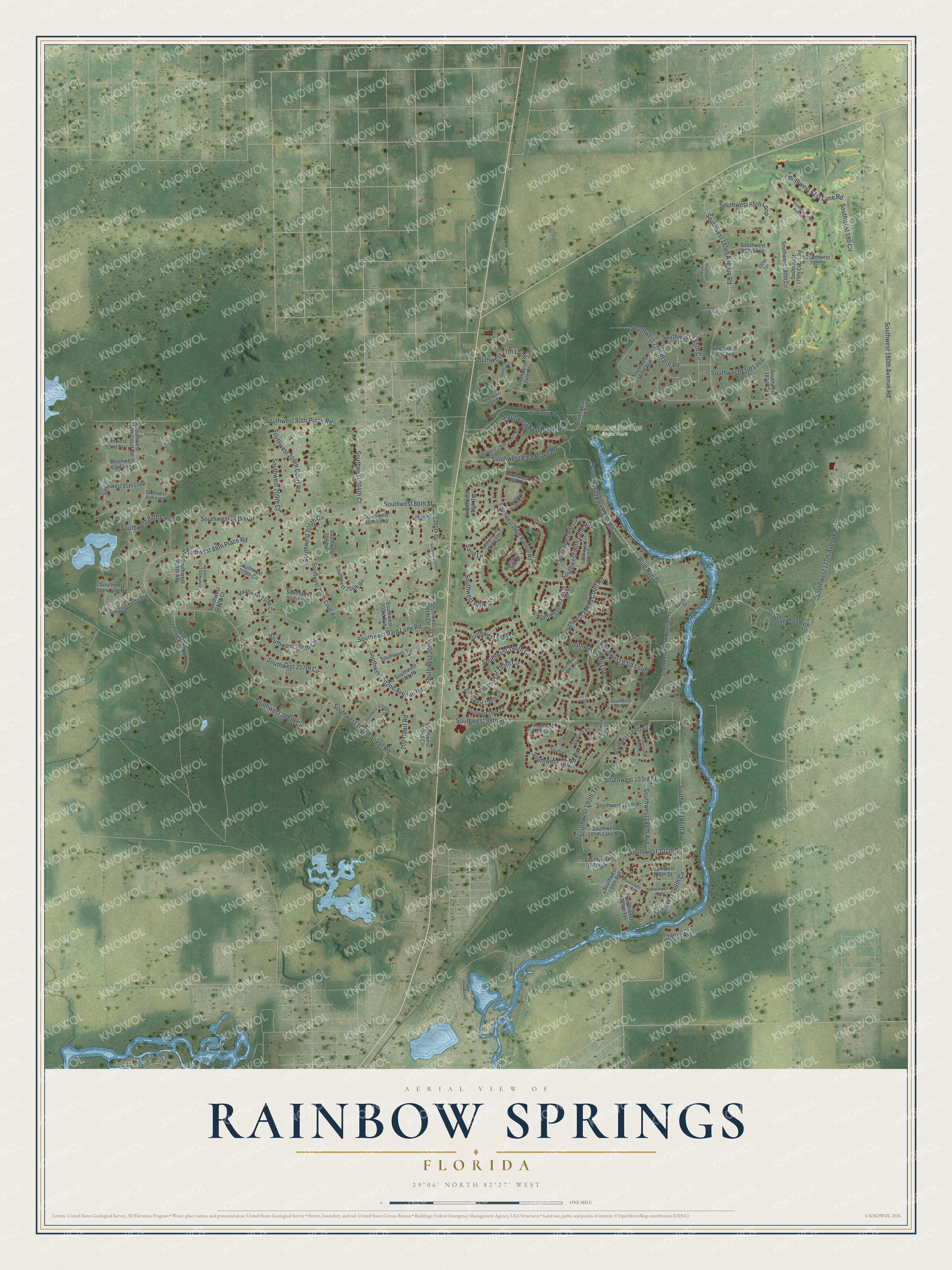 Full map of Rainbow Springs, Florida, with red buildings, printed street names and the land around them