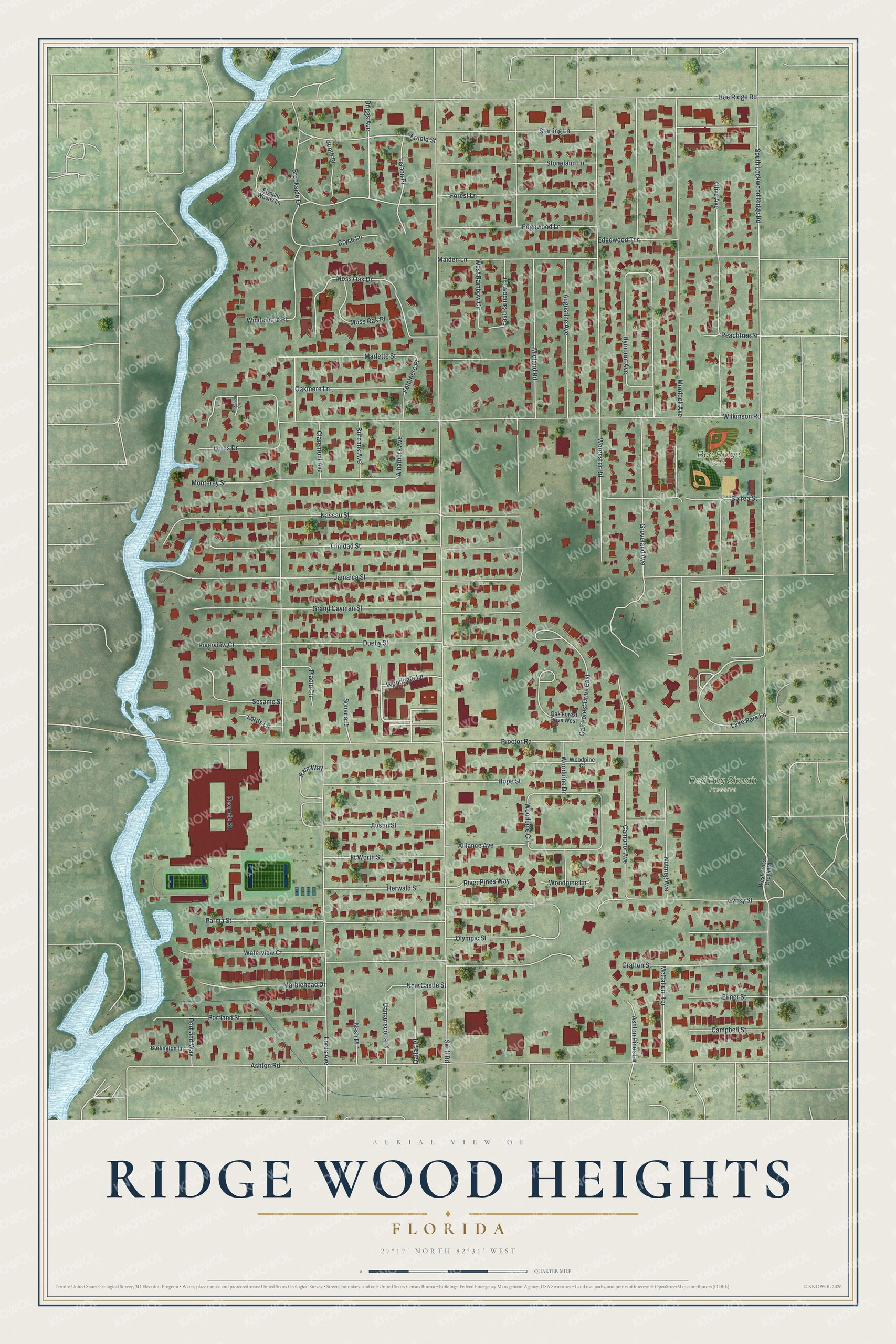 Full map of Ridge Wood Heights, Florida, with red buildings, printed street names and the land around them