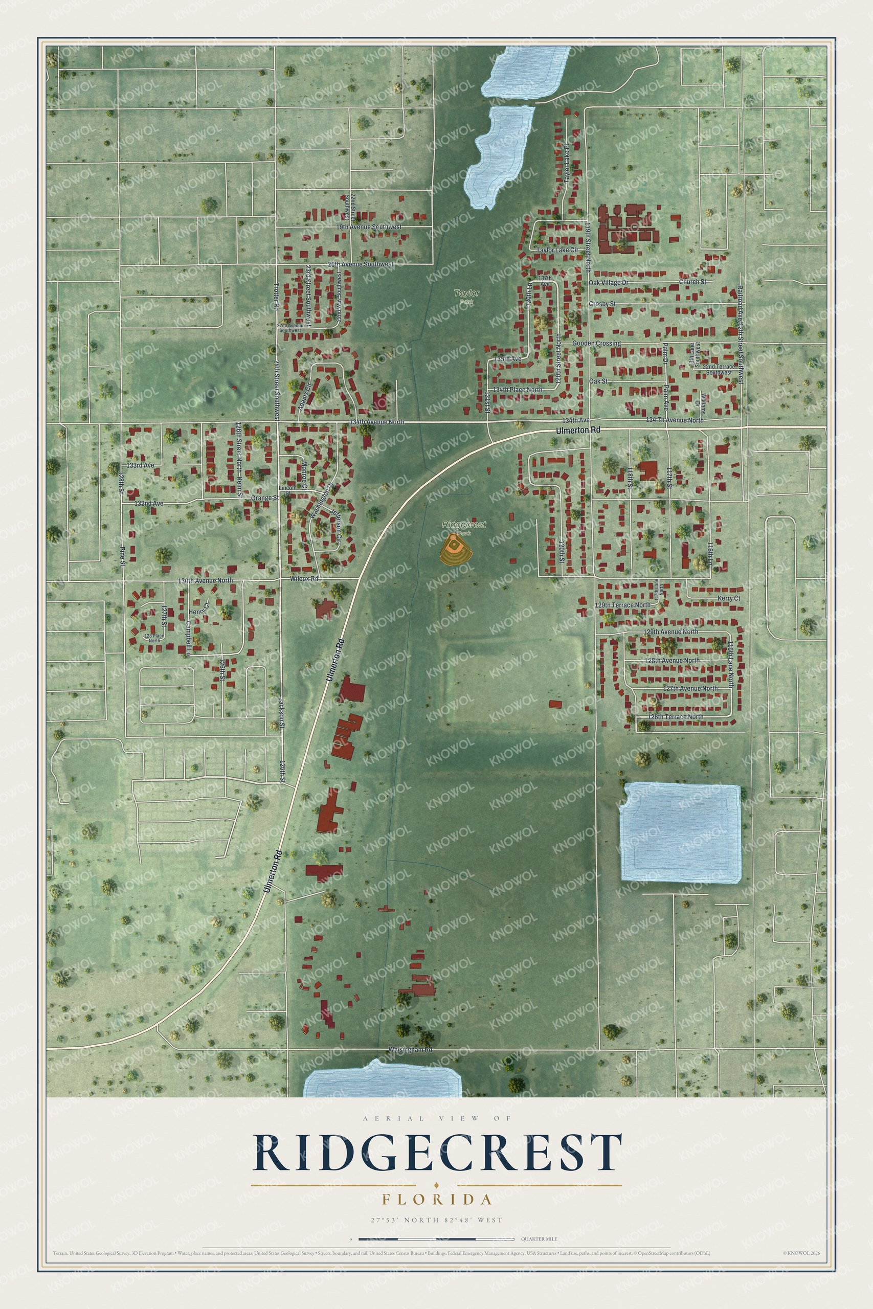 Full map of Ridgecrest, Florida, with red buildings, printed street names and the land around them