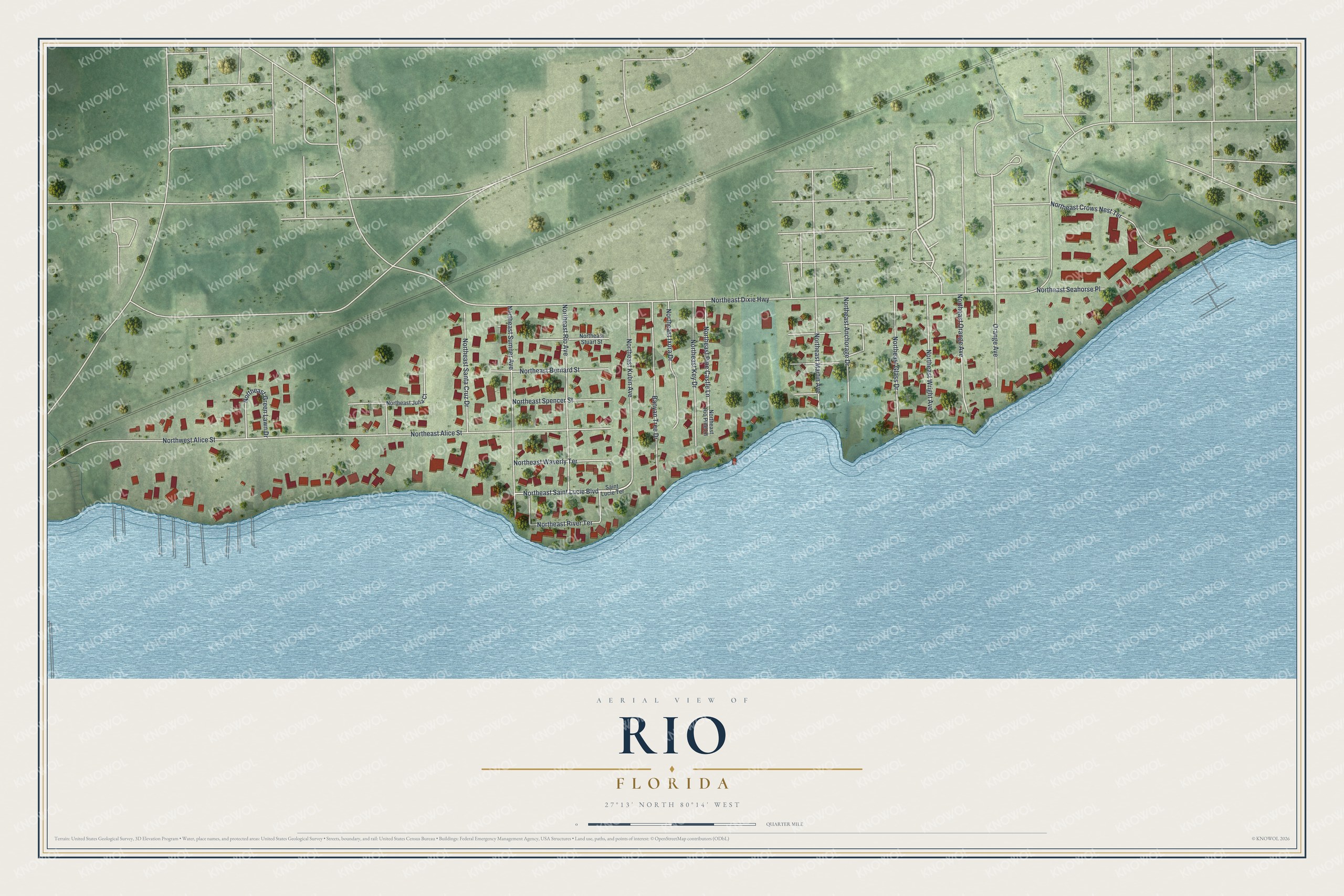 Full map of Rio, Florida, with red buildings, printed street names and the land around them