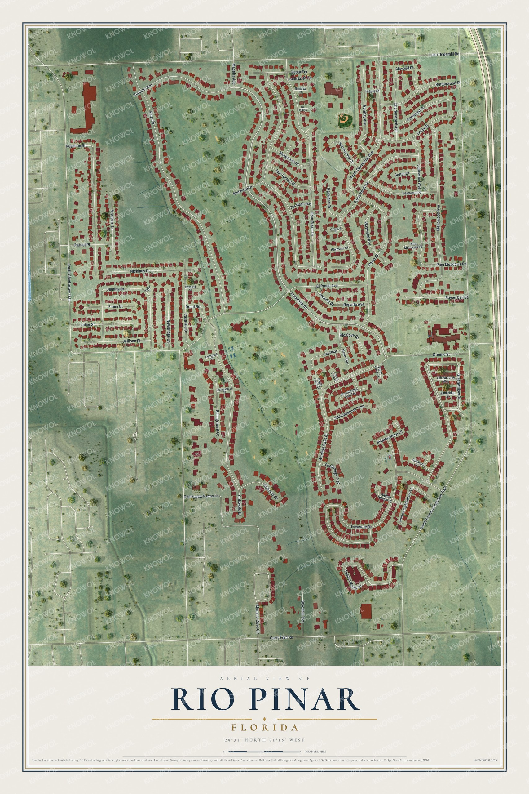 Full map of Rio Pinar, Florida, with red buildings, printed street names and the land around them