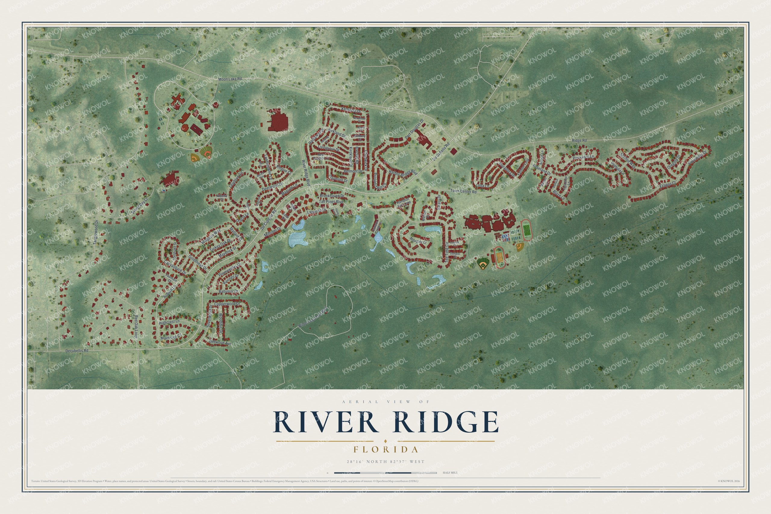 Full map of River Ridge, Florida, with red buildings, printed street names and the land around them