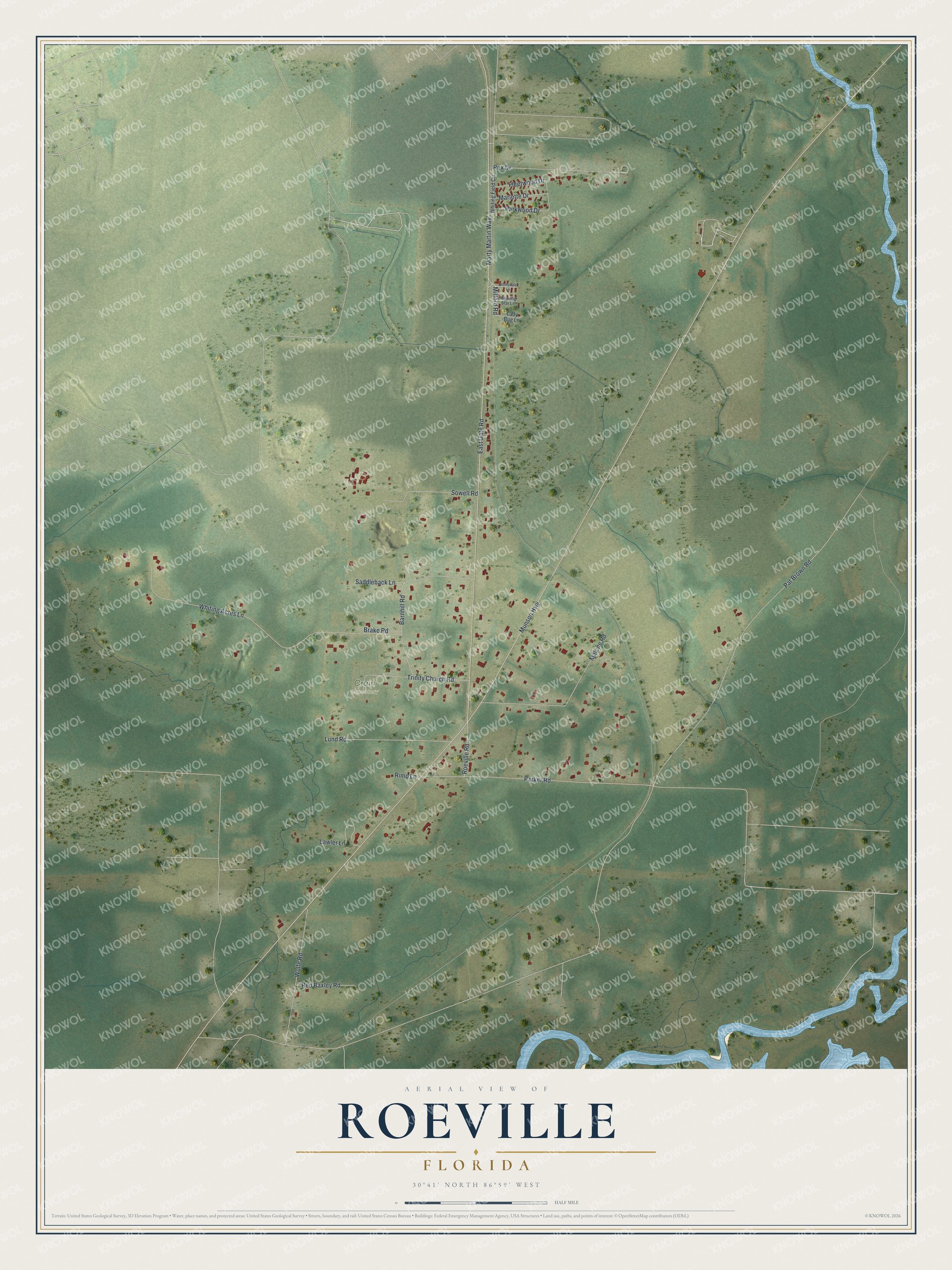 Full map of Roeville, Florida, with red buildings, printed street names and the land around them