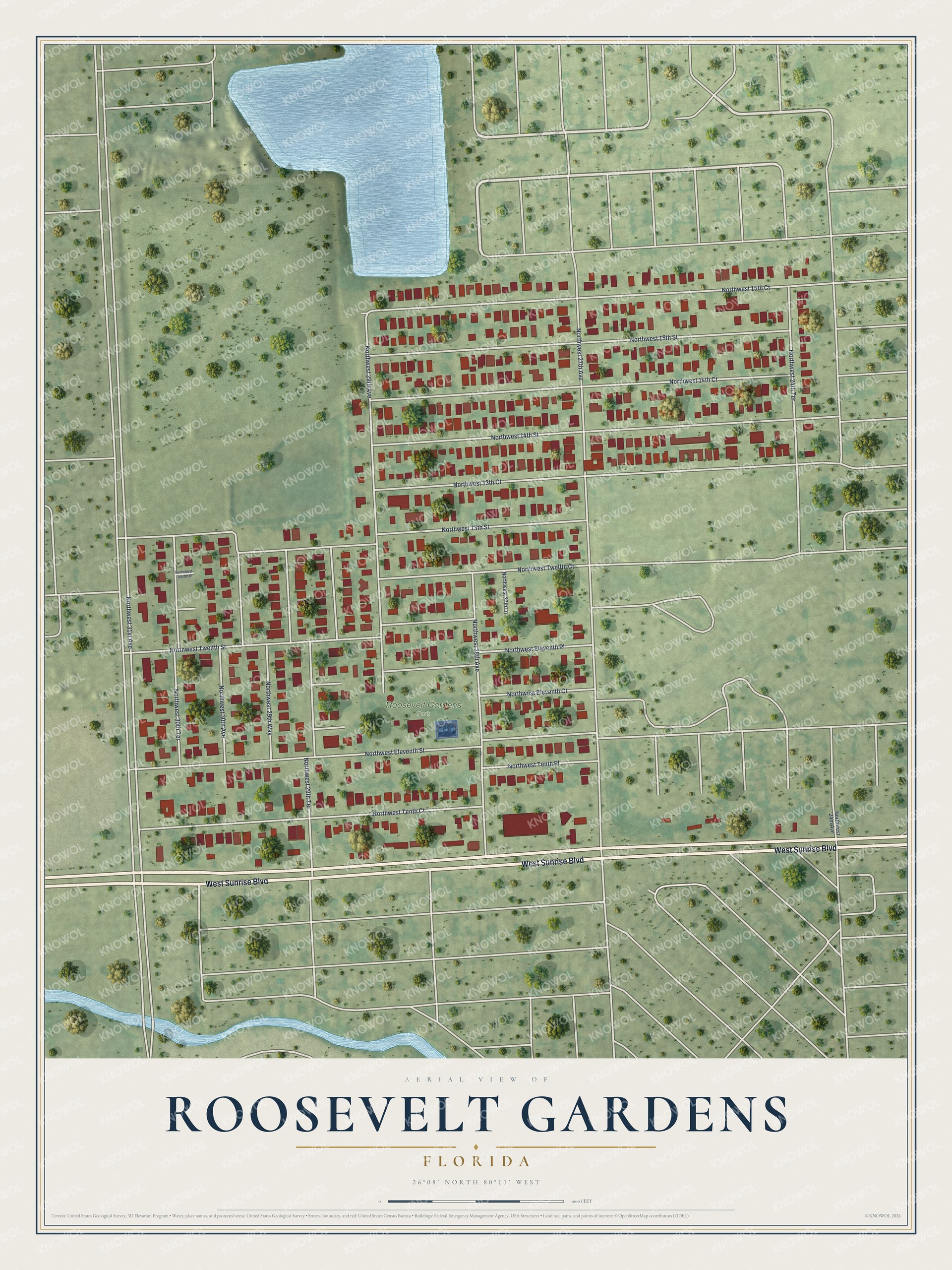 Full map of Roosevelt Gardens, Florida, with red buildings, printed street names and the land around them