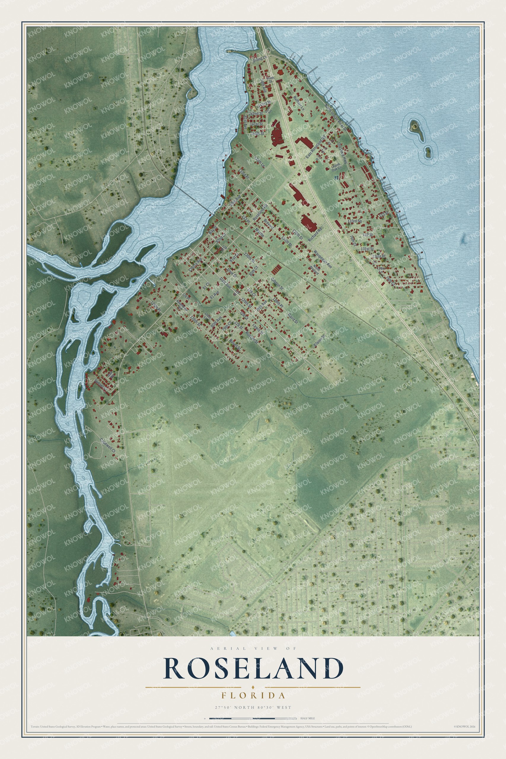 Full map of Roseland, Florida, with red buildings, printed street names and the land around them
