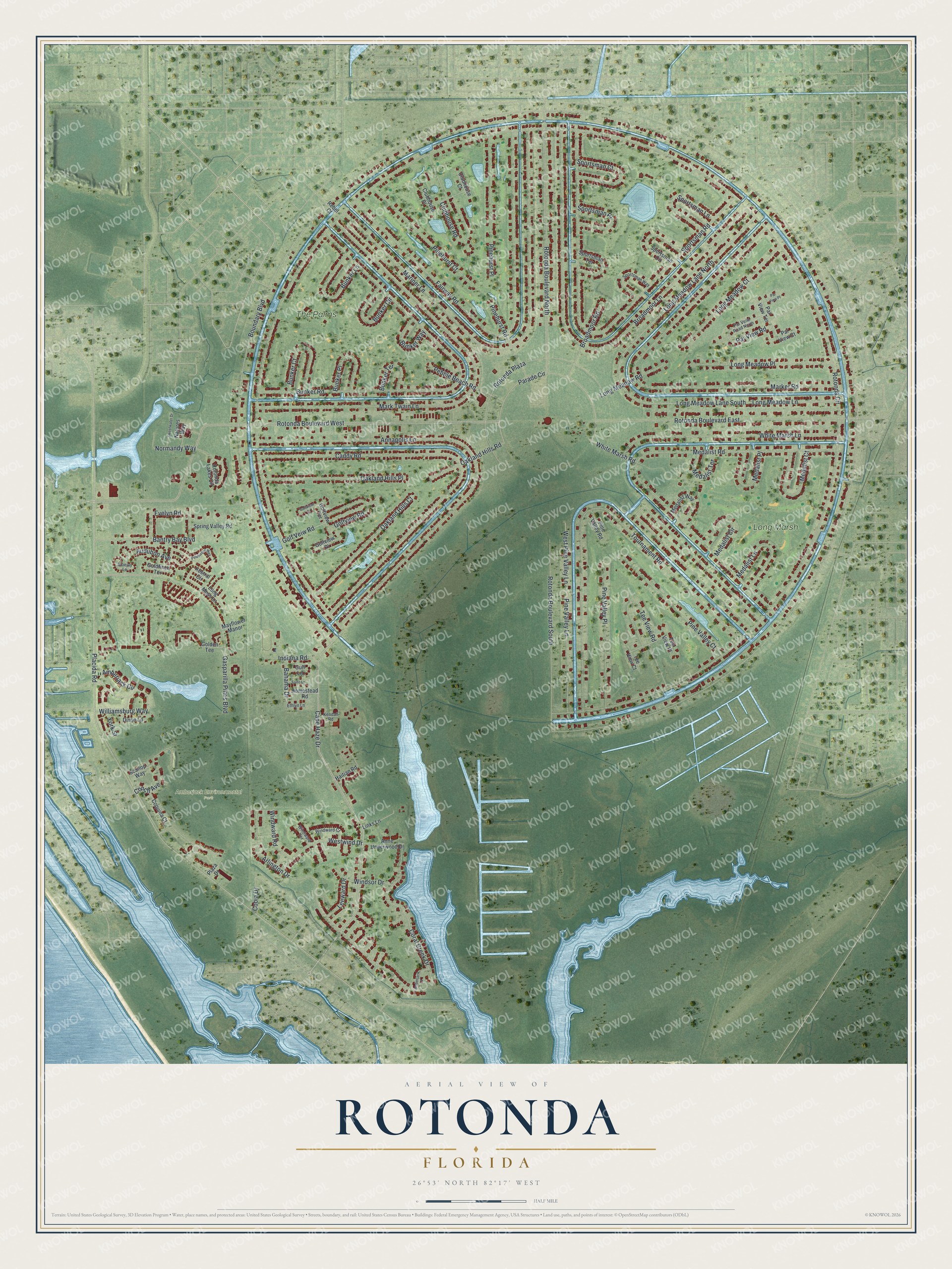 Full map of Rotonda, Florida, with red buildings, printed street names and the land around them
