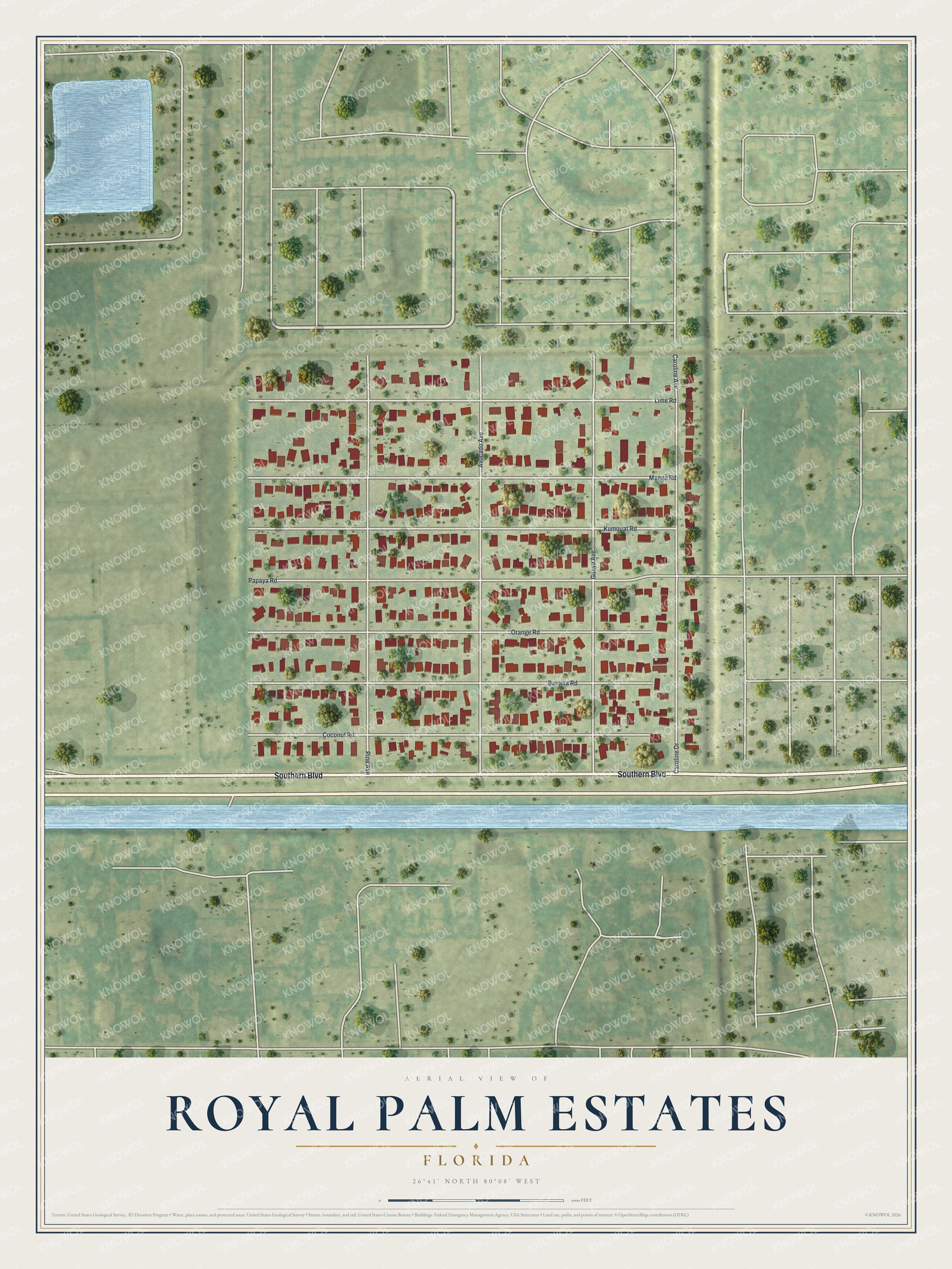 Full map of Royal Palm Estates, Florida, with red buildings, printed street names and the land around them
