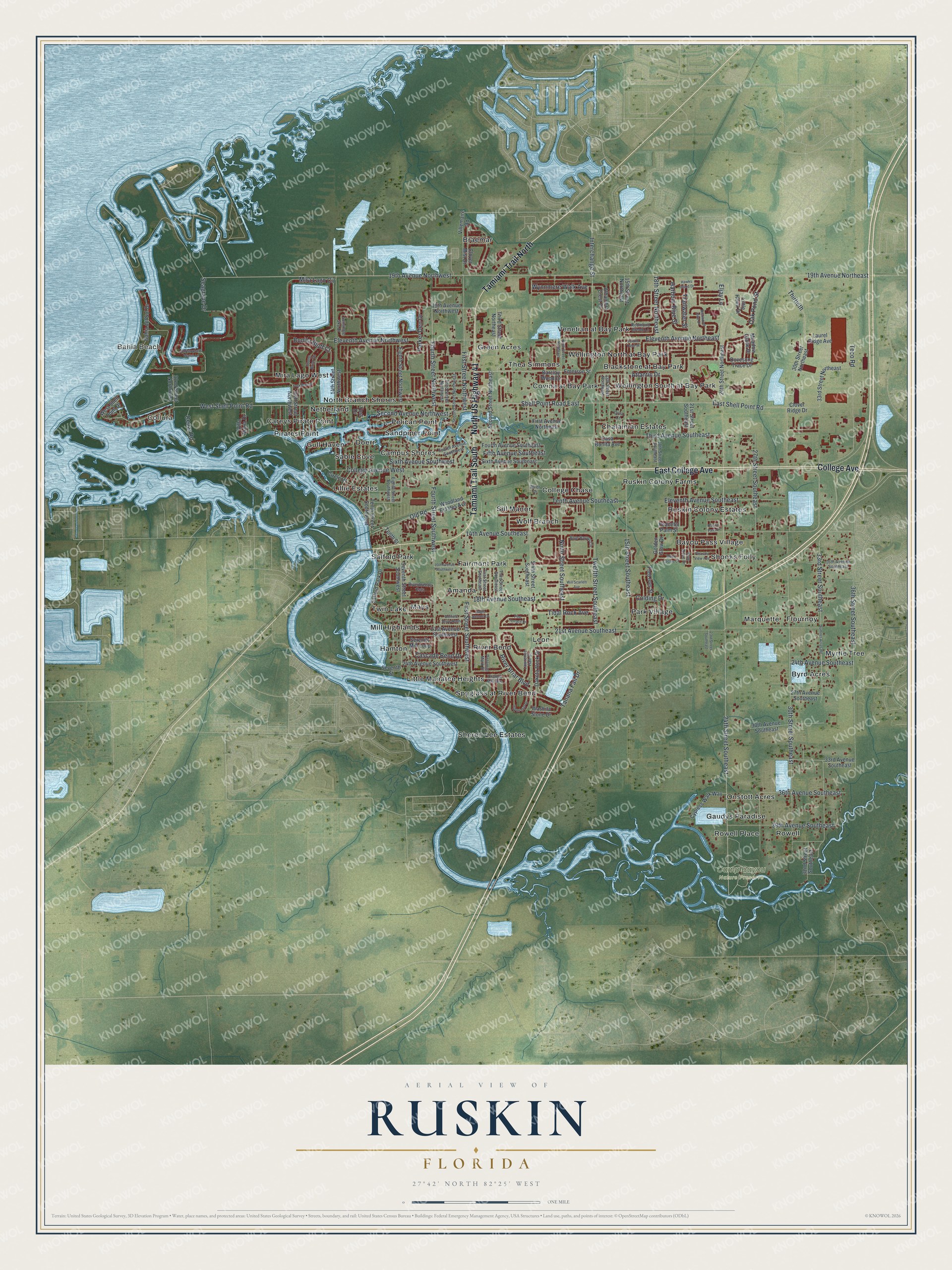 Full map of Ruskin, Florida, with red buildings, printed street names and the land around them