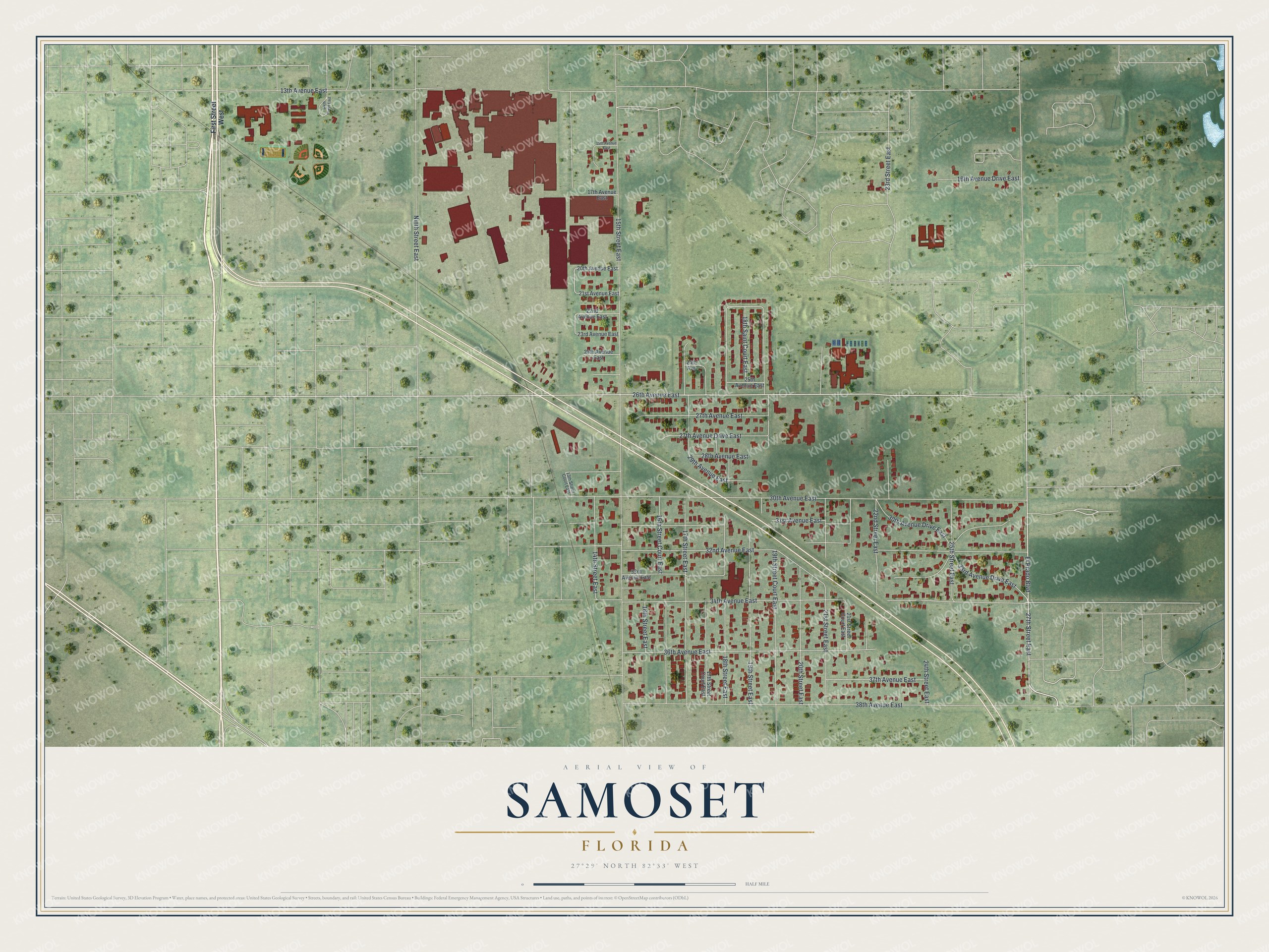Full map of Samoset, Florida, with red buildings, printed street names and the land around them