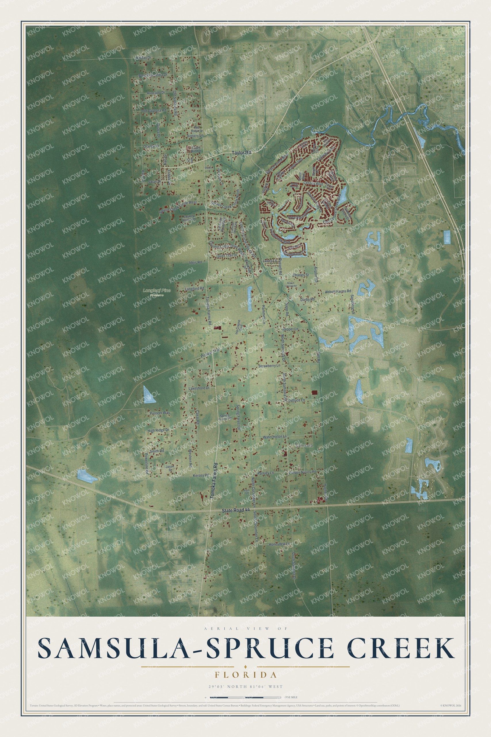 Full map of Samsula-Spruce Creek, Florida, with red buildings, printed street names and the land around them