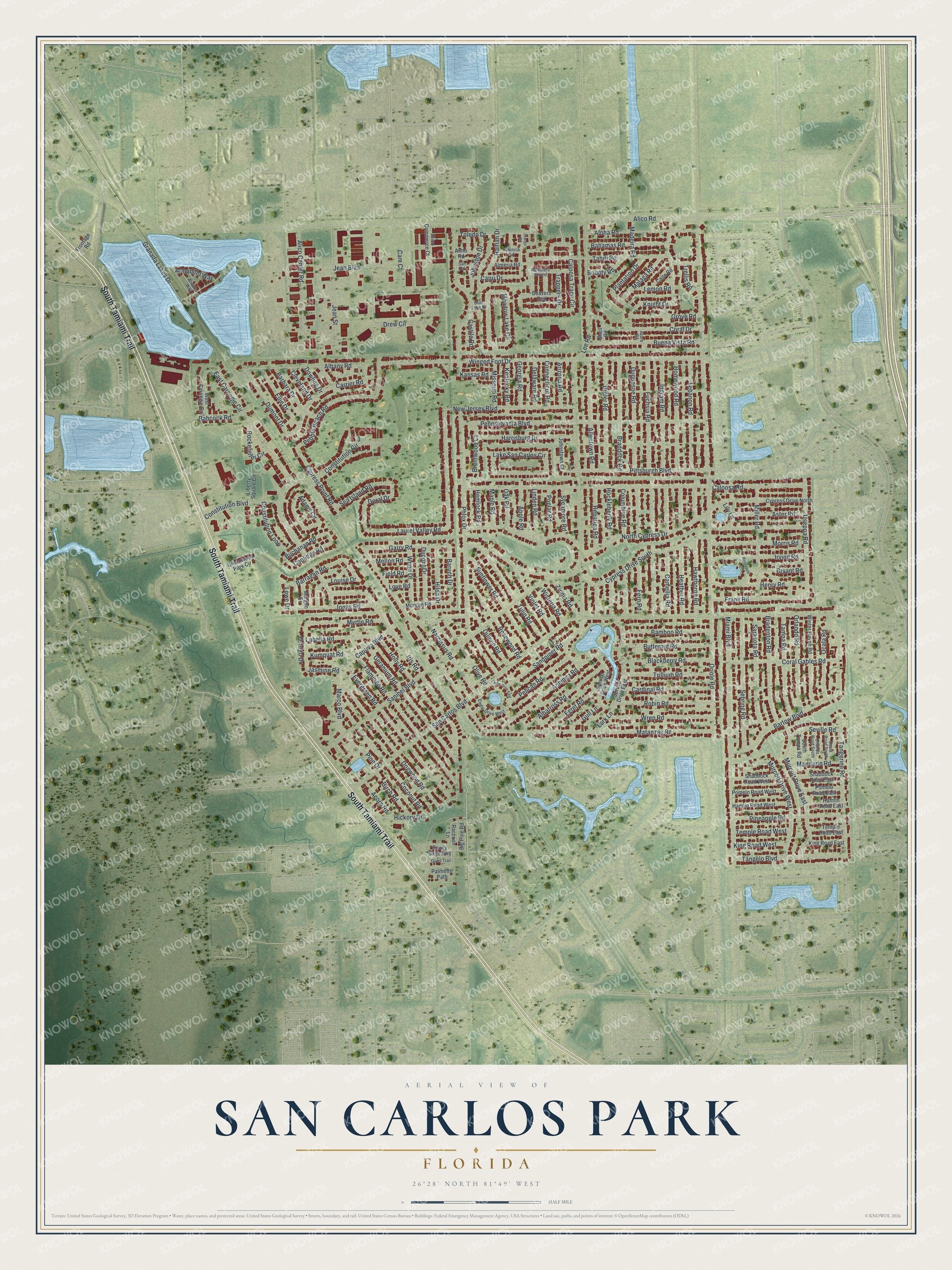 Full map of San Carlos Park, Florida, with red buildings, printed street names and the land around them