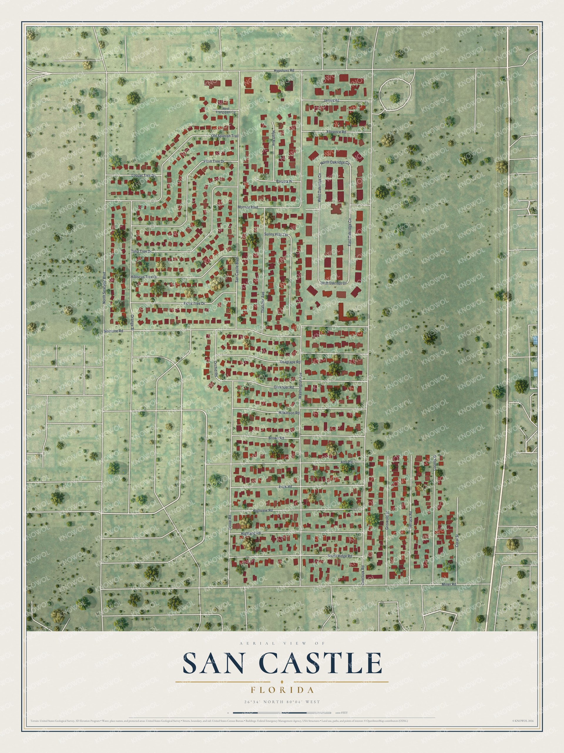 Full map of San Castle, Florida, with red buildings, printed street names and the land around them