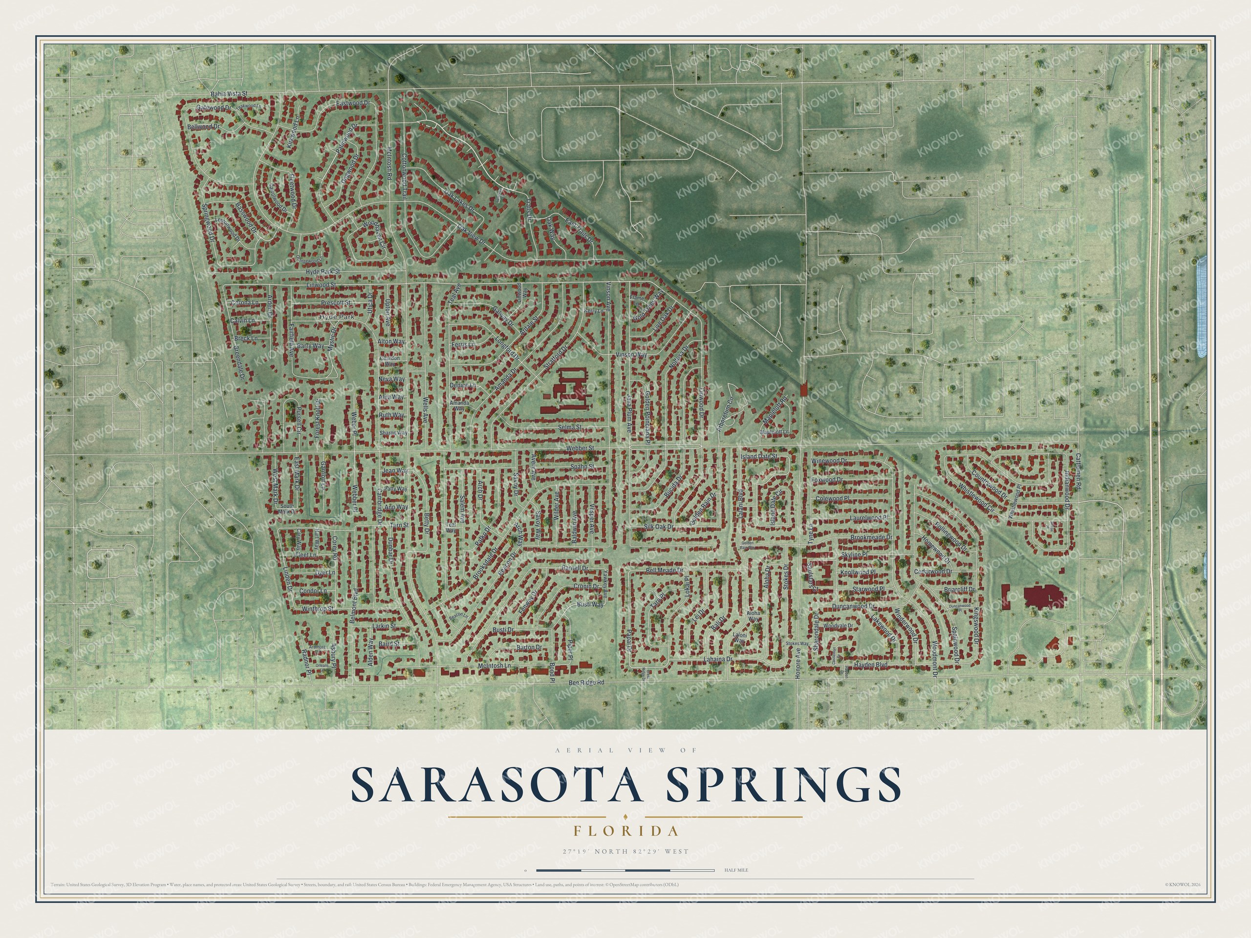 Full map of Sarasota Springs, Florida, with red buildings, printed street names and the land around them