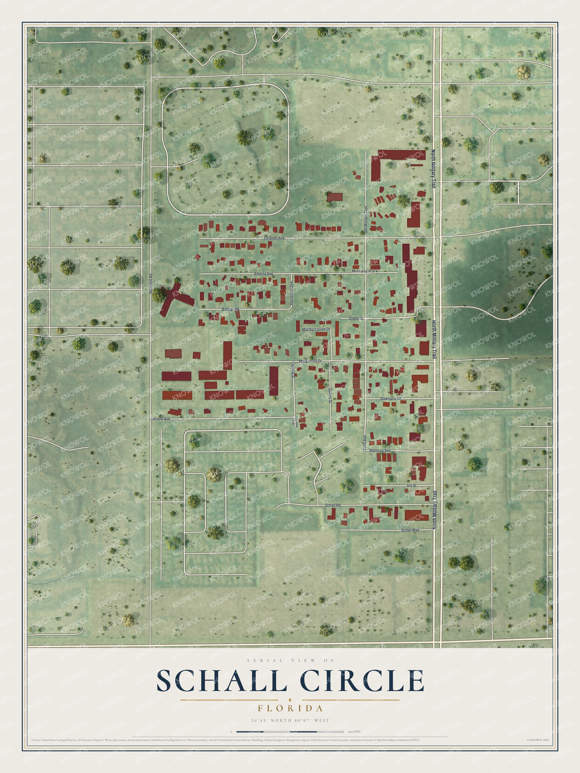 Full map of Schall Circle, Florida, with red buildings, printed street names and the land around them