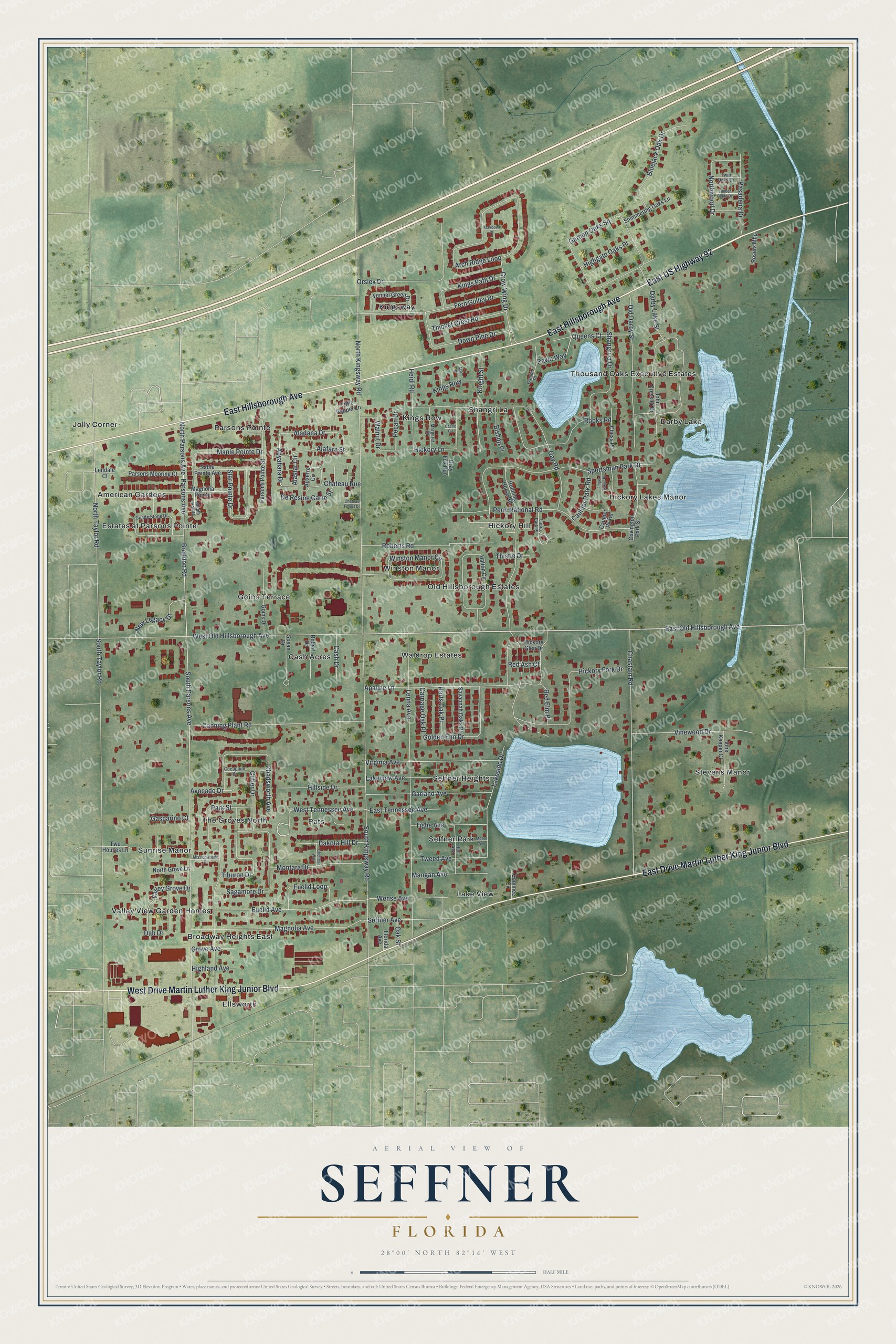 Full map of Seffner, Florida, with red buildings, printed street names and the land around them