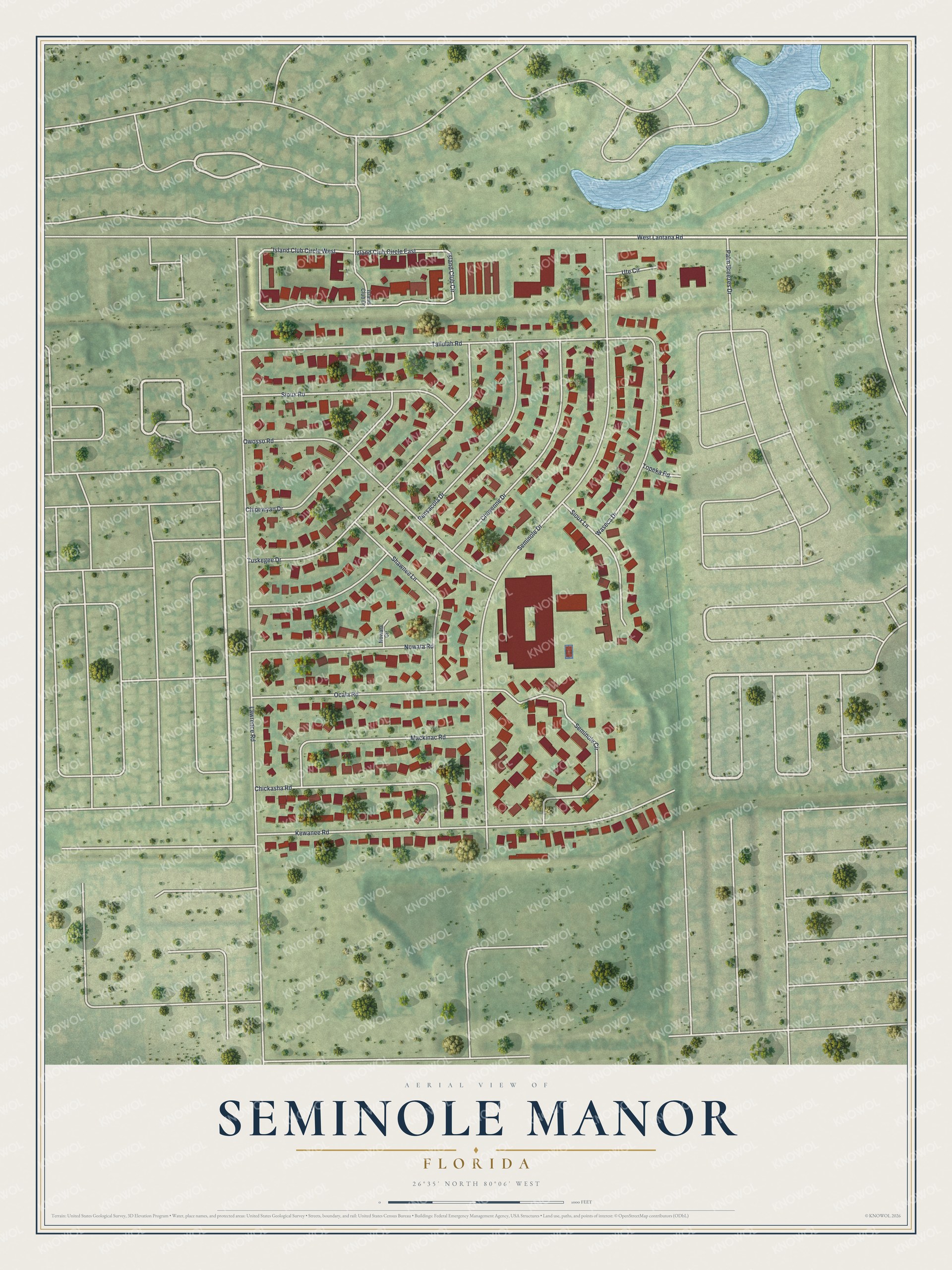 Full map of Seminole Manor, Florida, with red buildings, printed street names and the land around them