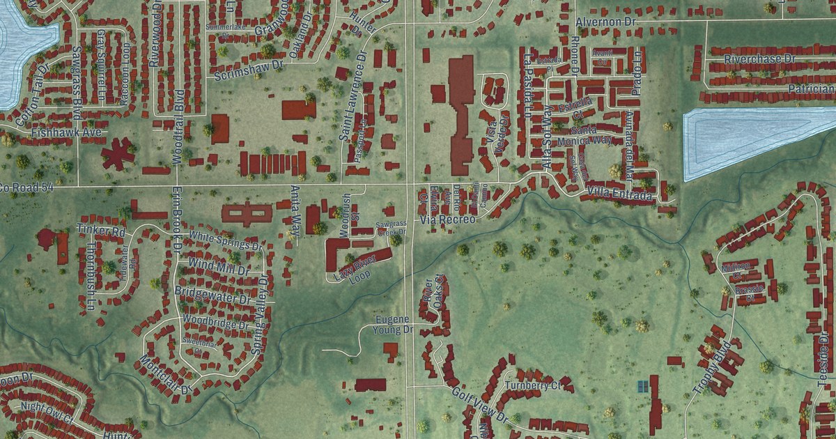 Close-up of streets and buildings in Seven Springs, Florida