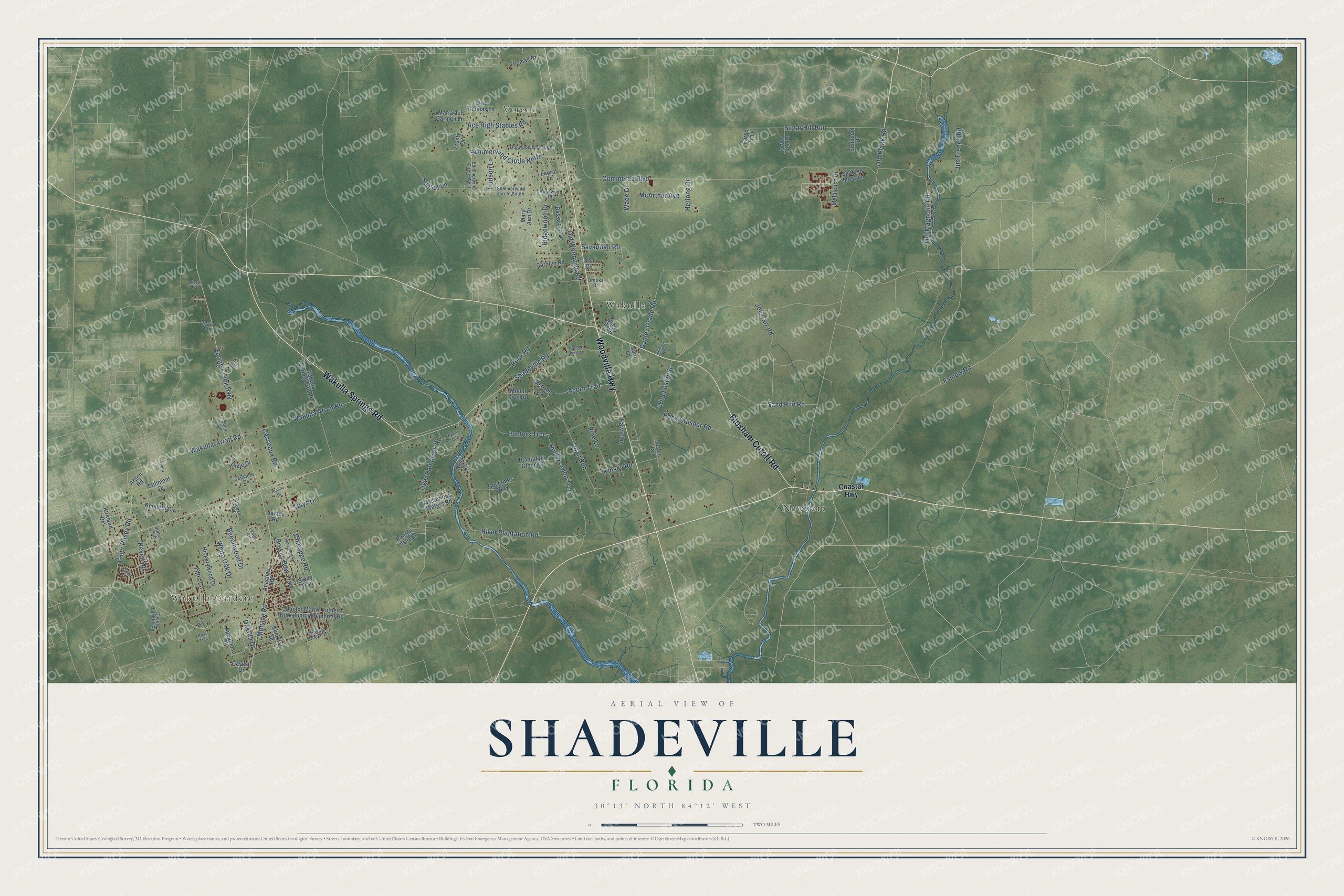 Full map of Shadeville, Florida, with red buildings, printed street names and the land around them