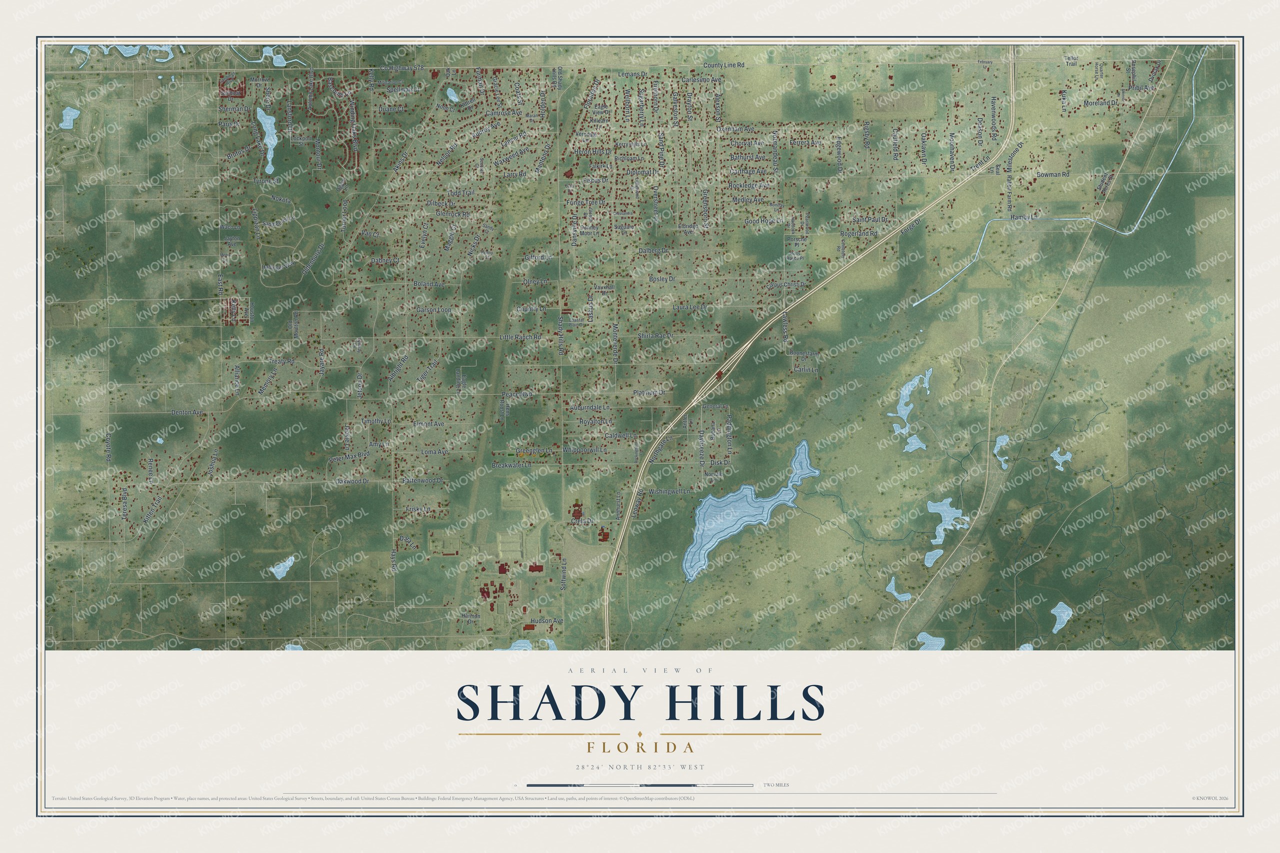 Full map of Shady Hills, Florida, with red buildings, printed street names and the land around them