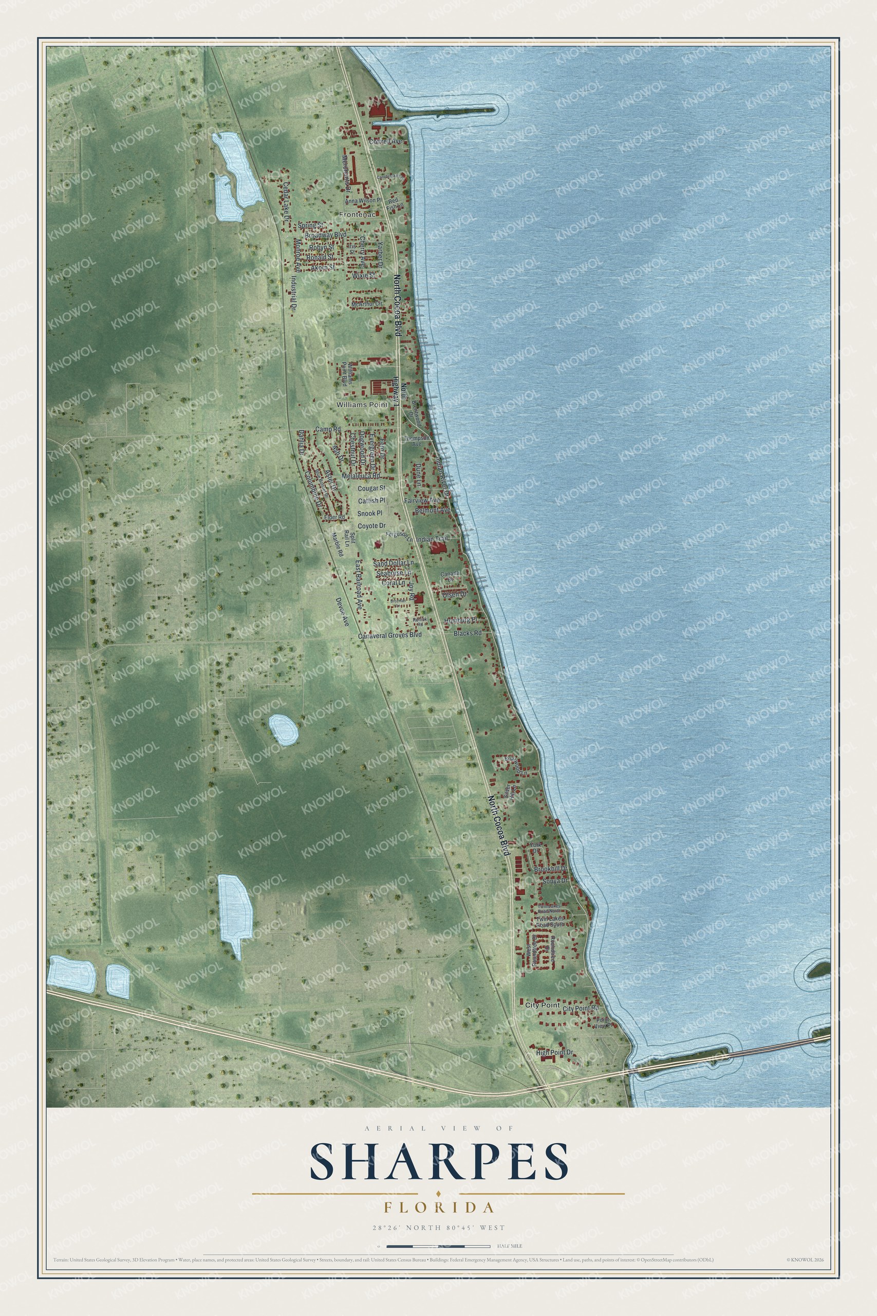 Full map of Sharpes, Florida, with red buildings, printed street names and the land around them