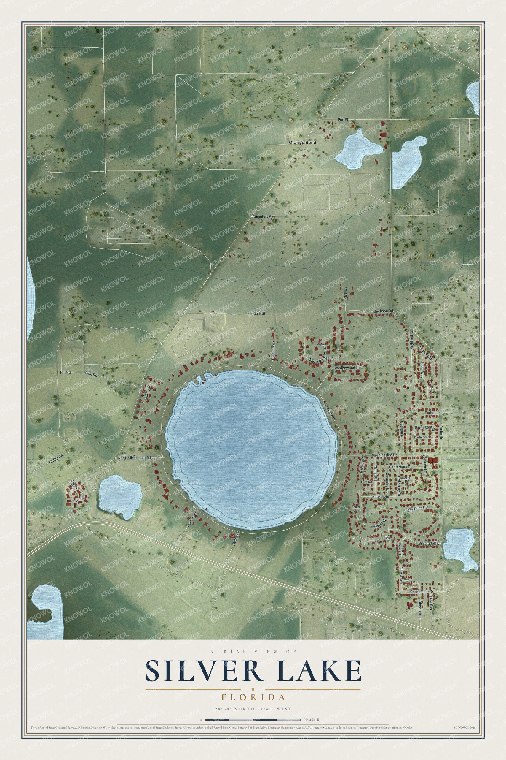 Full map of Silver Lake, Florida, with red buildings, printed street names and the land around them