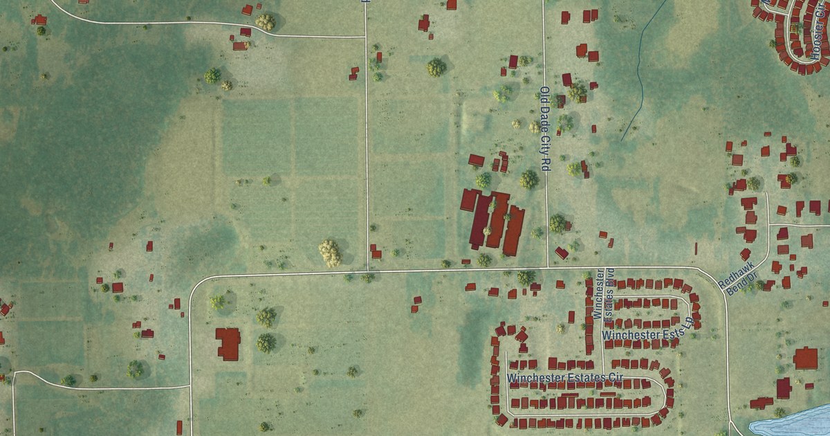 Close-up of streets and buildings in Socrum, Florida