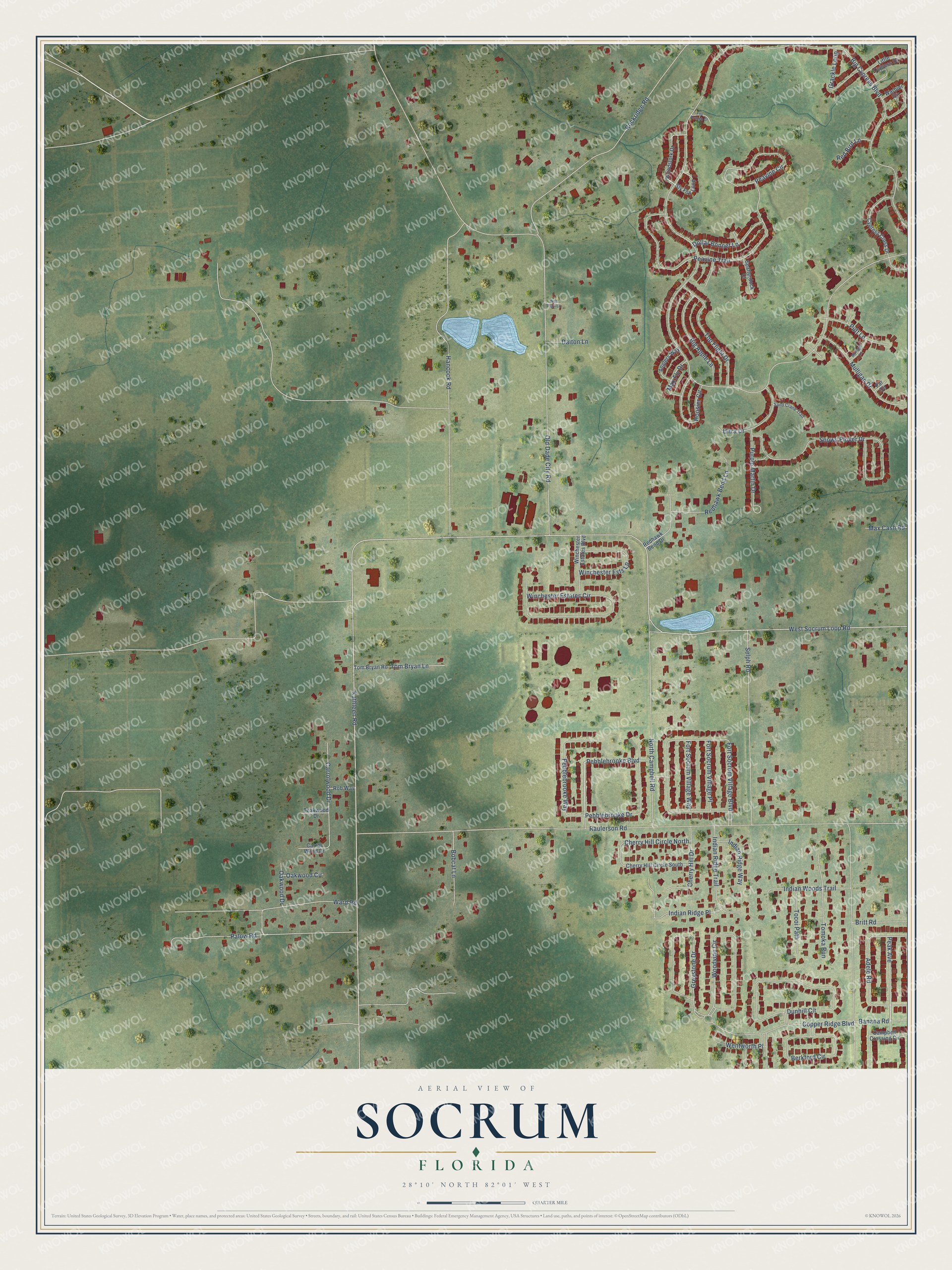 Full map of Socrum, Florida, with red buildings, printed street names and the land around them