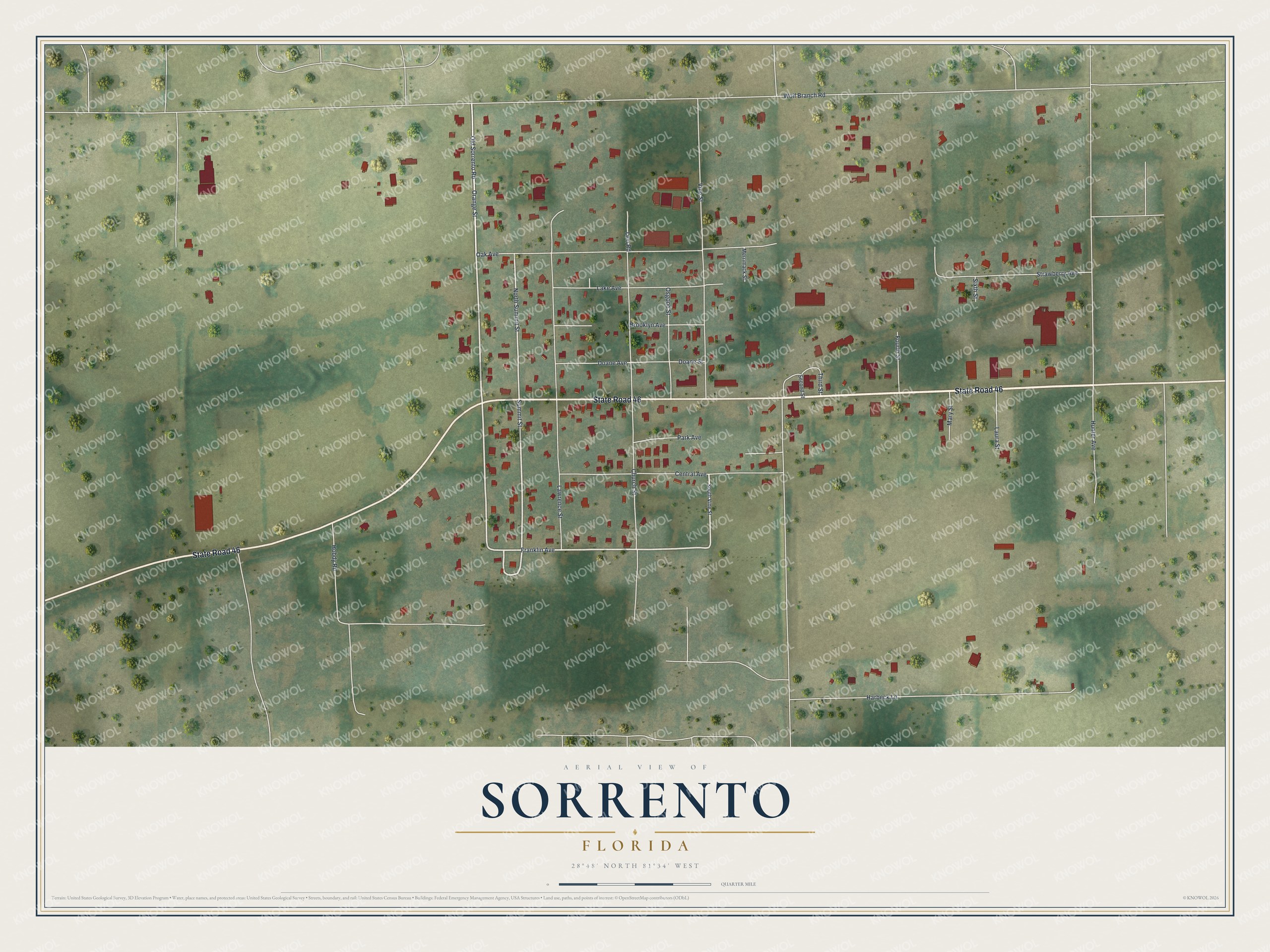 Full map of Sorrento, Florida, with red buildings, printed street names and the land around them