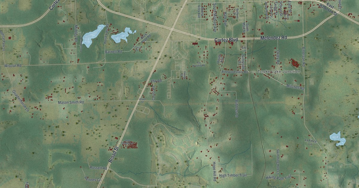 Close-up of streets and buildings in South Brooksville, Florida