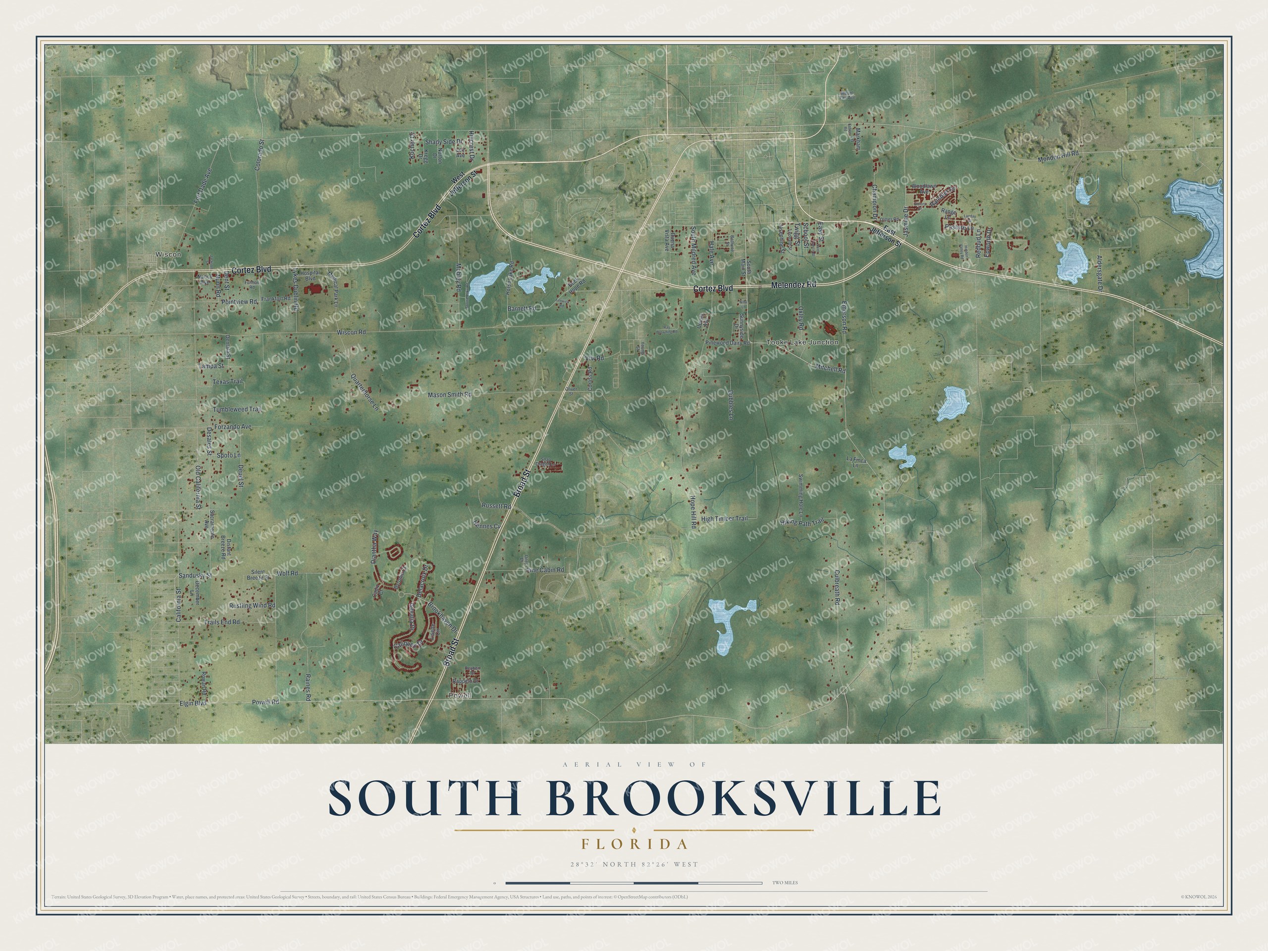 Full map of South Brooksville, Florida, with red buildings, printed street names and the land around them