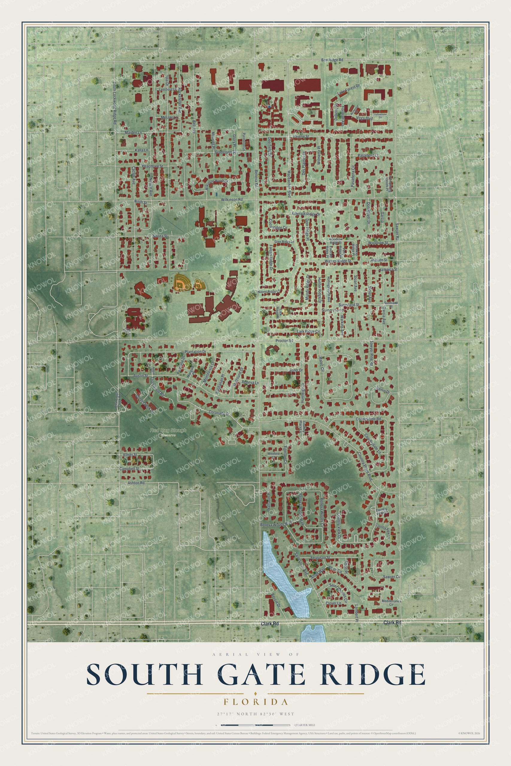 Full map of South Gate Ridge, Florida, with red buildings, printed street names and the land around them