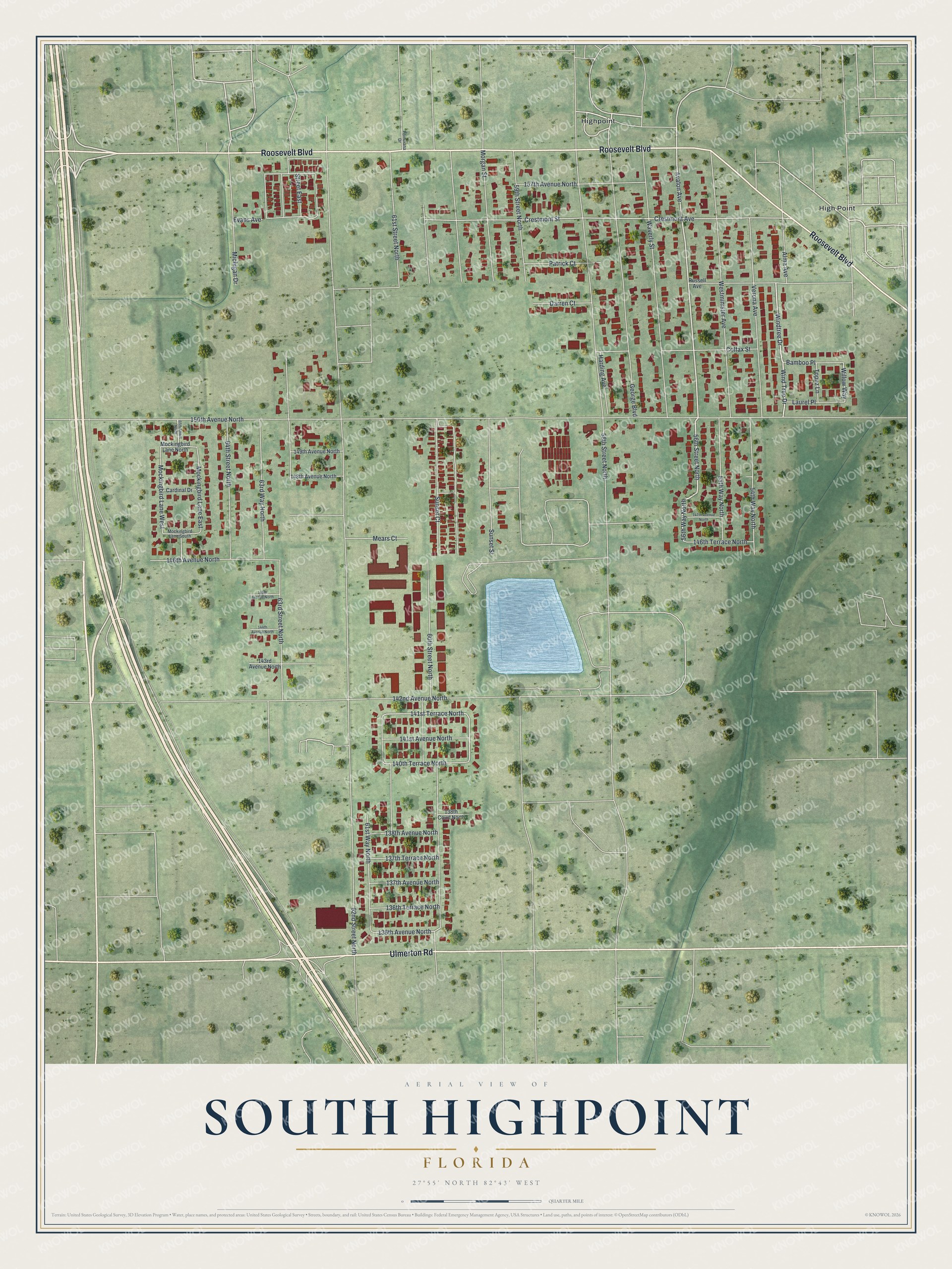 Full map of South Highpoint, Florida, with red buildings, printed street names and the land around them
