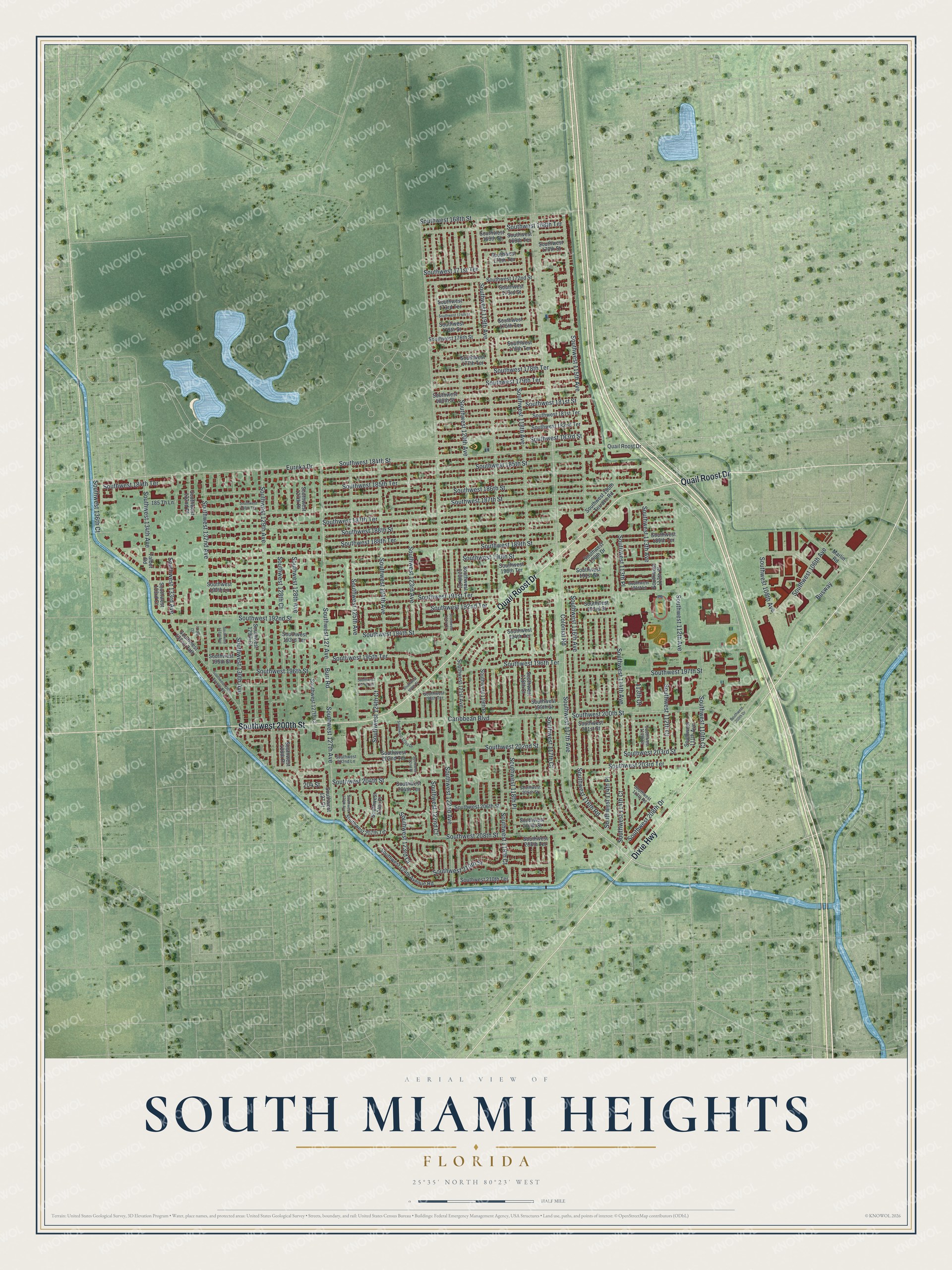 Full map of South Miami Heights, Florida, with red buildings, printed street names and the land around them