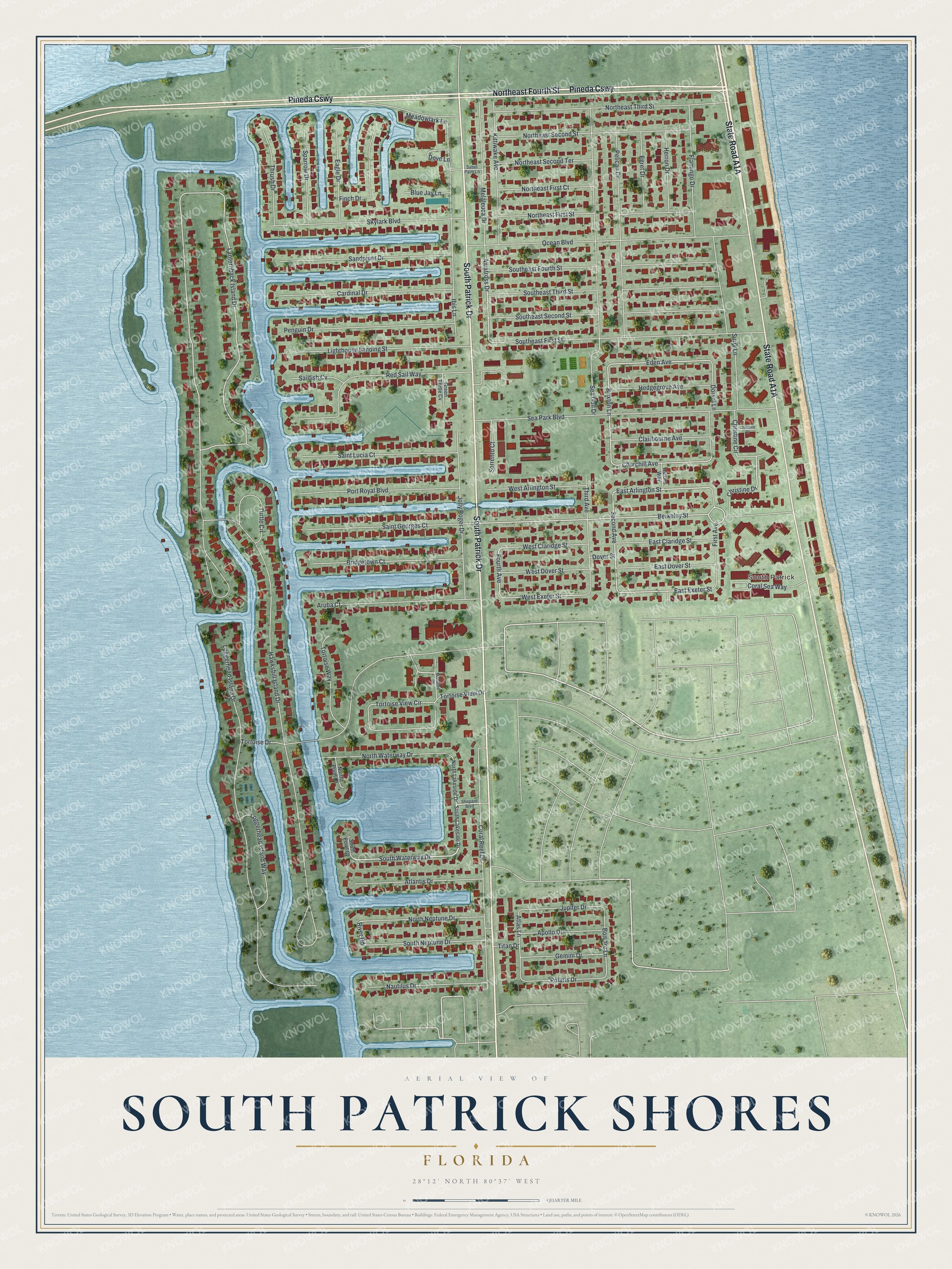 Full map of South Patrick Shores, Florida, with red buildings, printed street names and the land around them