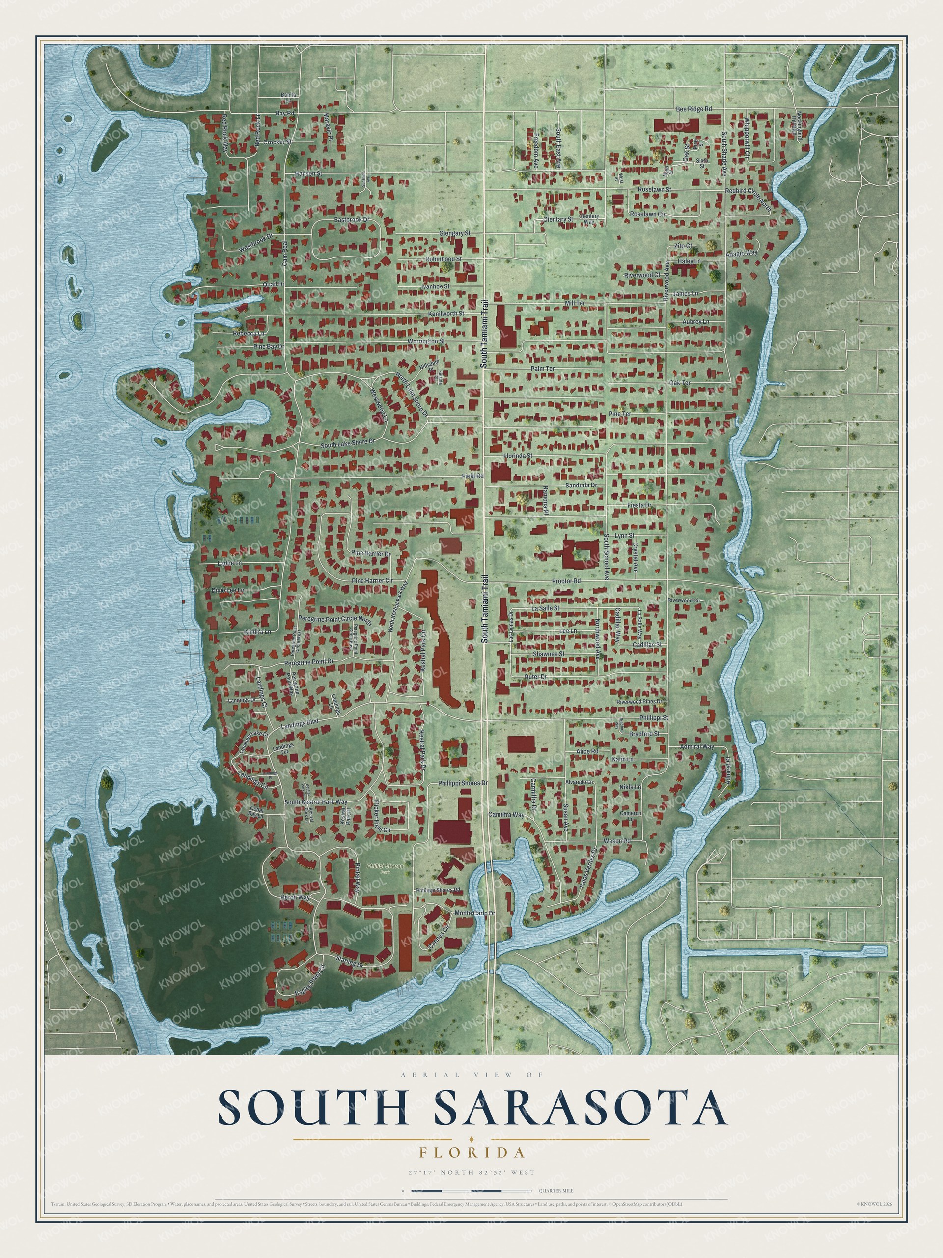 Full map of South Sarasota, Florida, with red buildings, printed street names and the land around them
