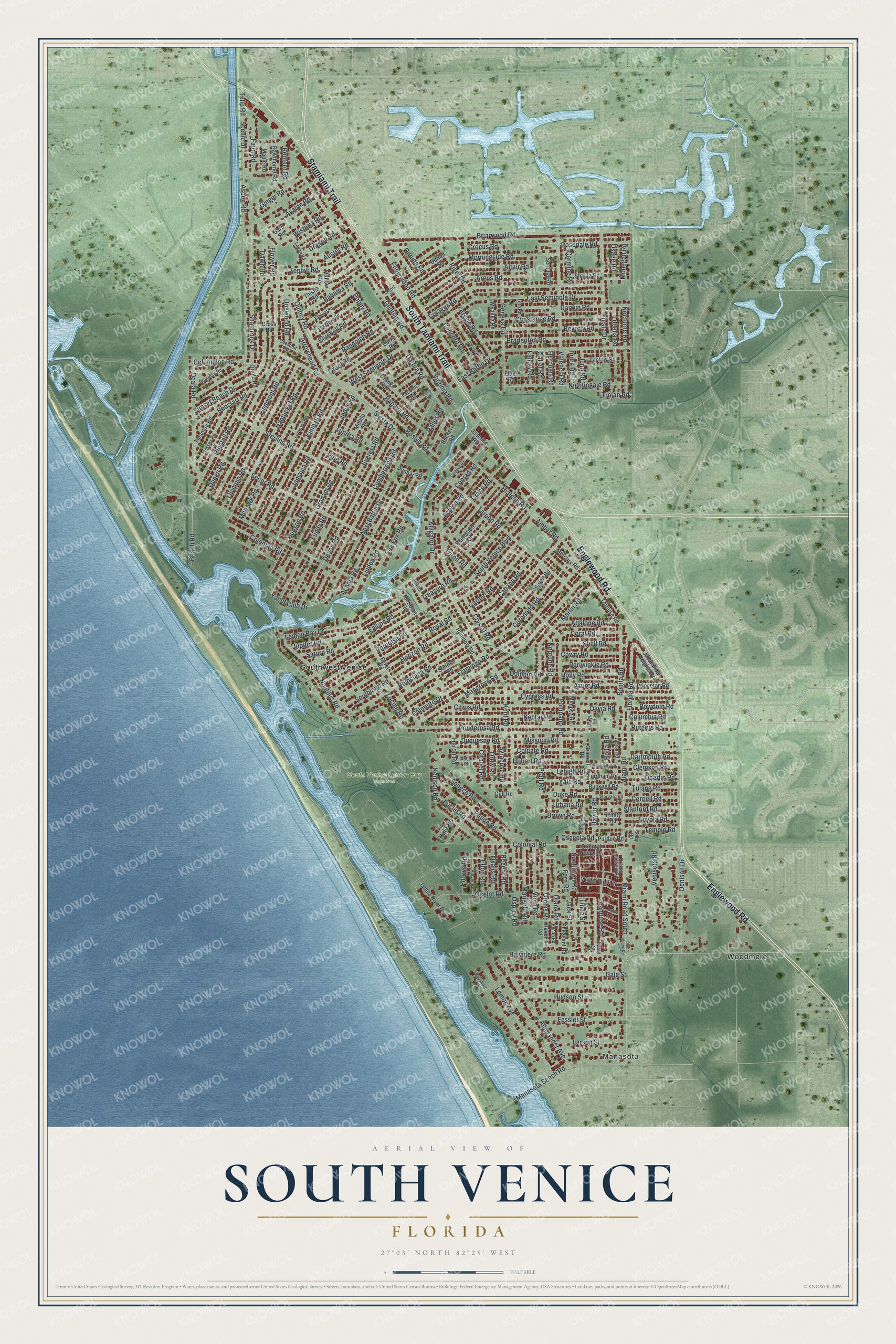 Full map of South Venice, Florida, with red buildings, printed street names and the land around them