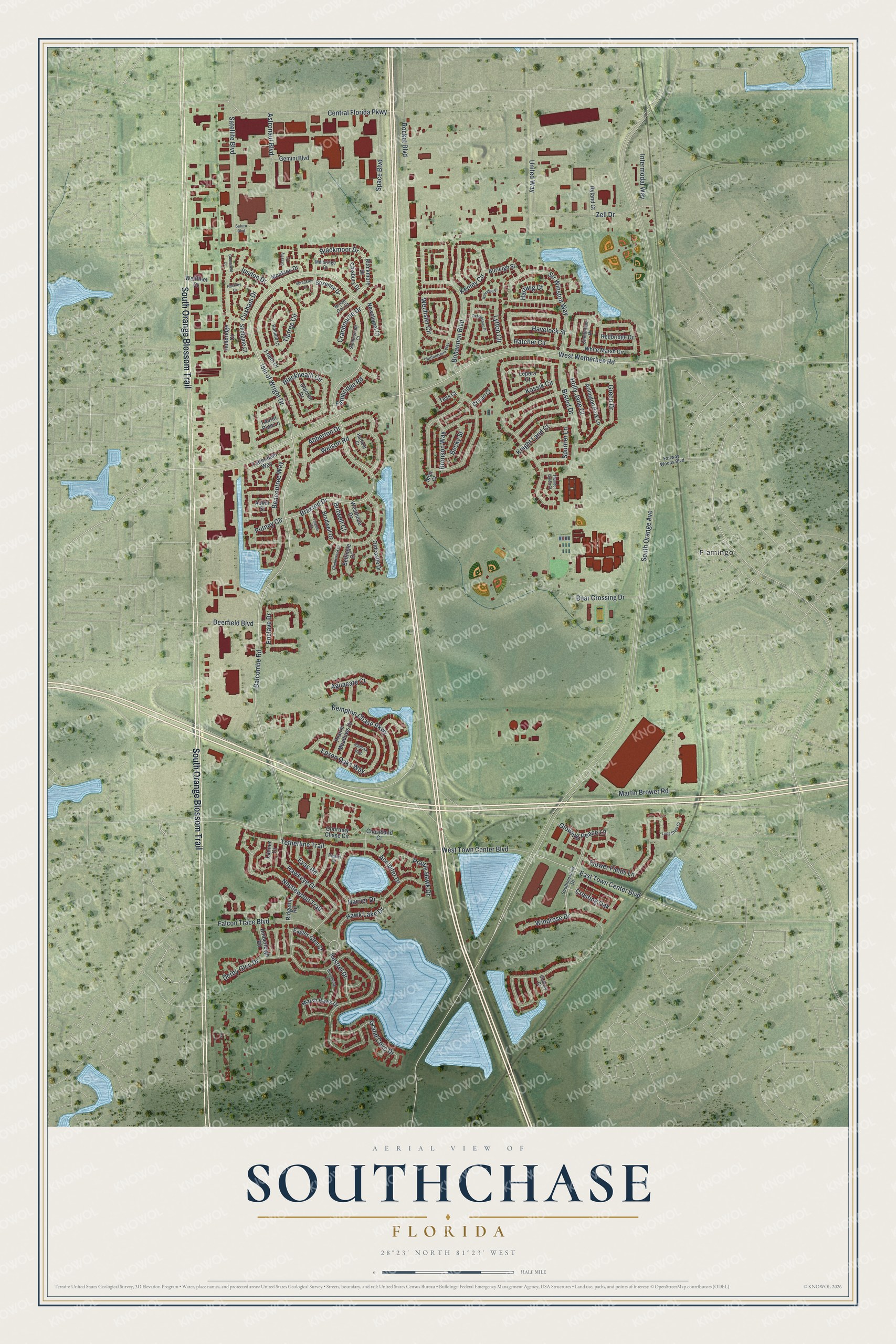 Full map of Southchase, Florida, with red buildings, printed street names and the land around them