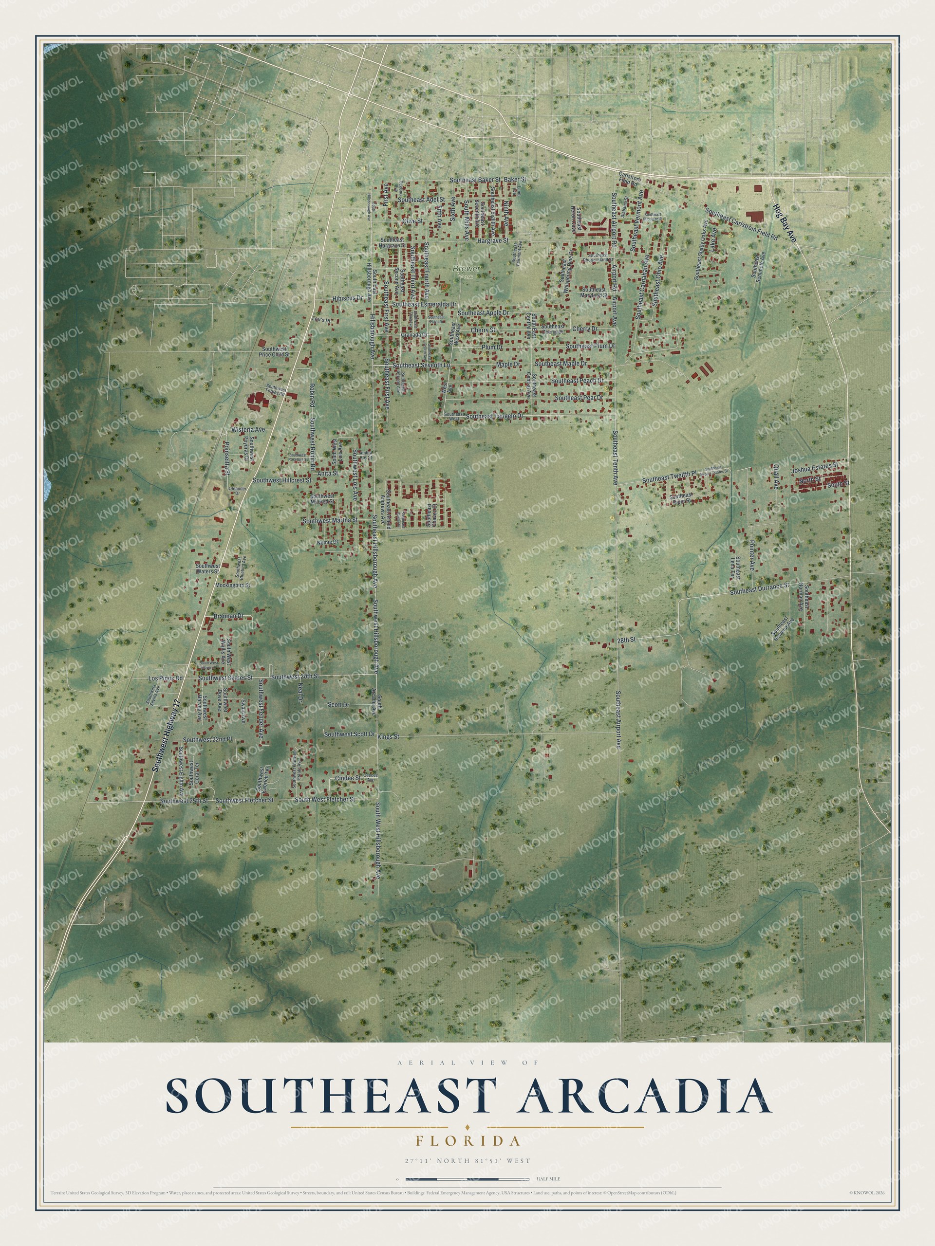 Full map of Southeast Arcadia, Florida, with red buildings, printed street names and the land around them