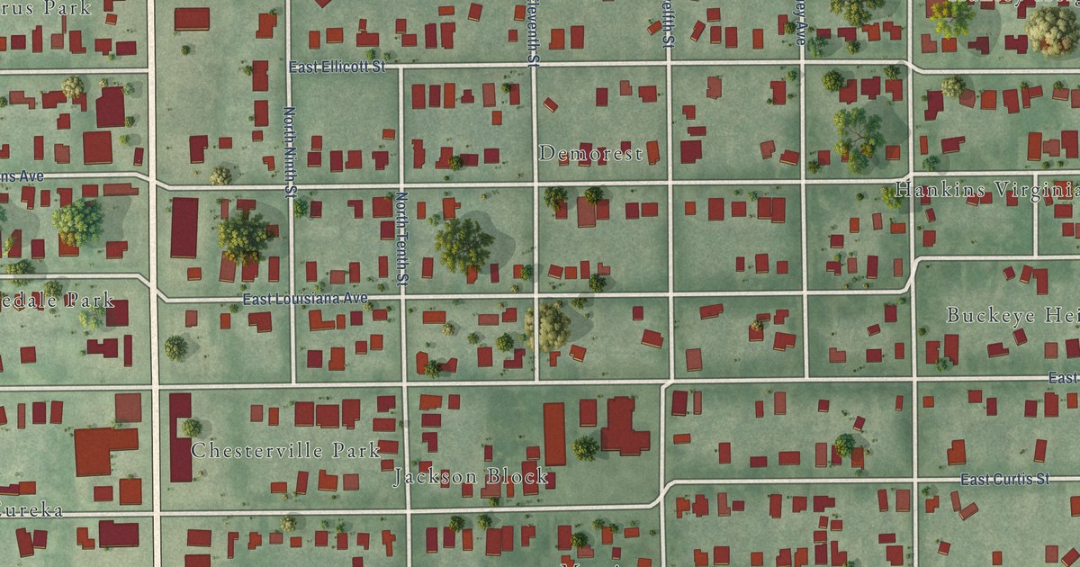 Close-up of streets and buildings in Southeast Seminole Heights, Florida