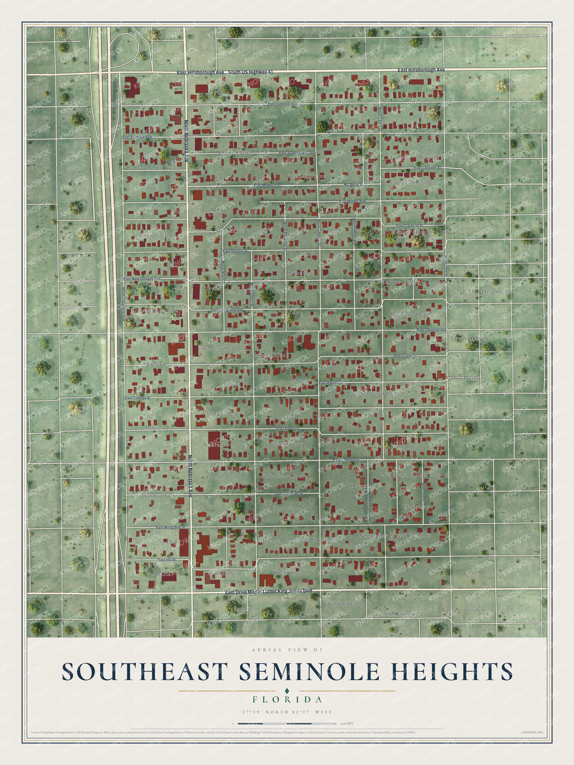 Full map of Southeast Seminole Heights, Florida, with red buildings, printed street names and the land around them