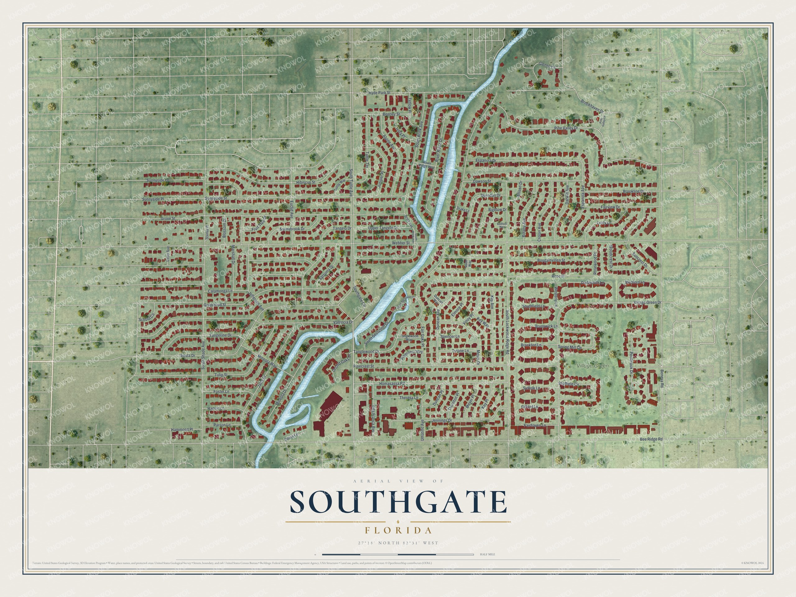 Full map of Southgate, Florida, with red buildings, printed street names and the land around them