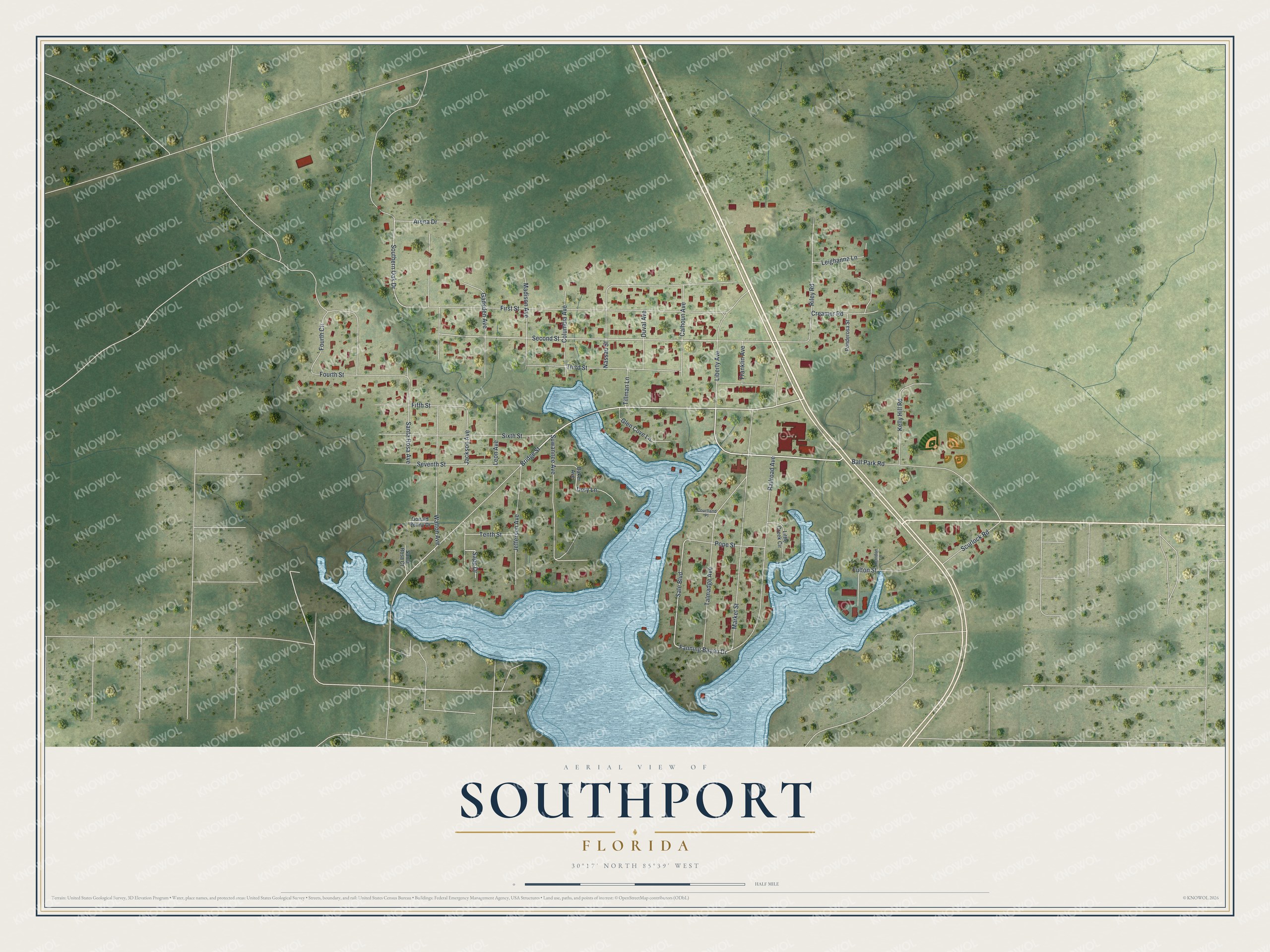 Full map of Southport, Florida, with red buildings, printed street names and the land around them