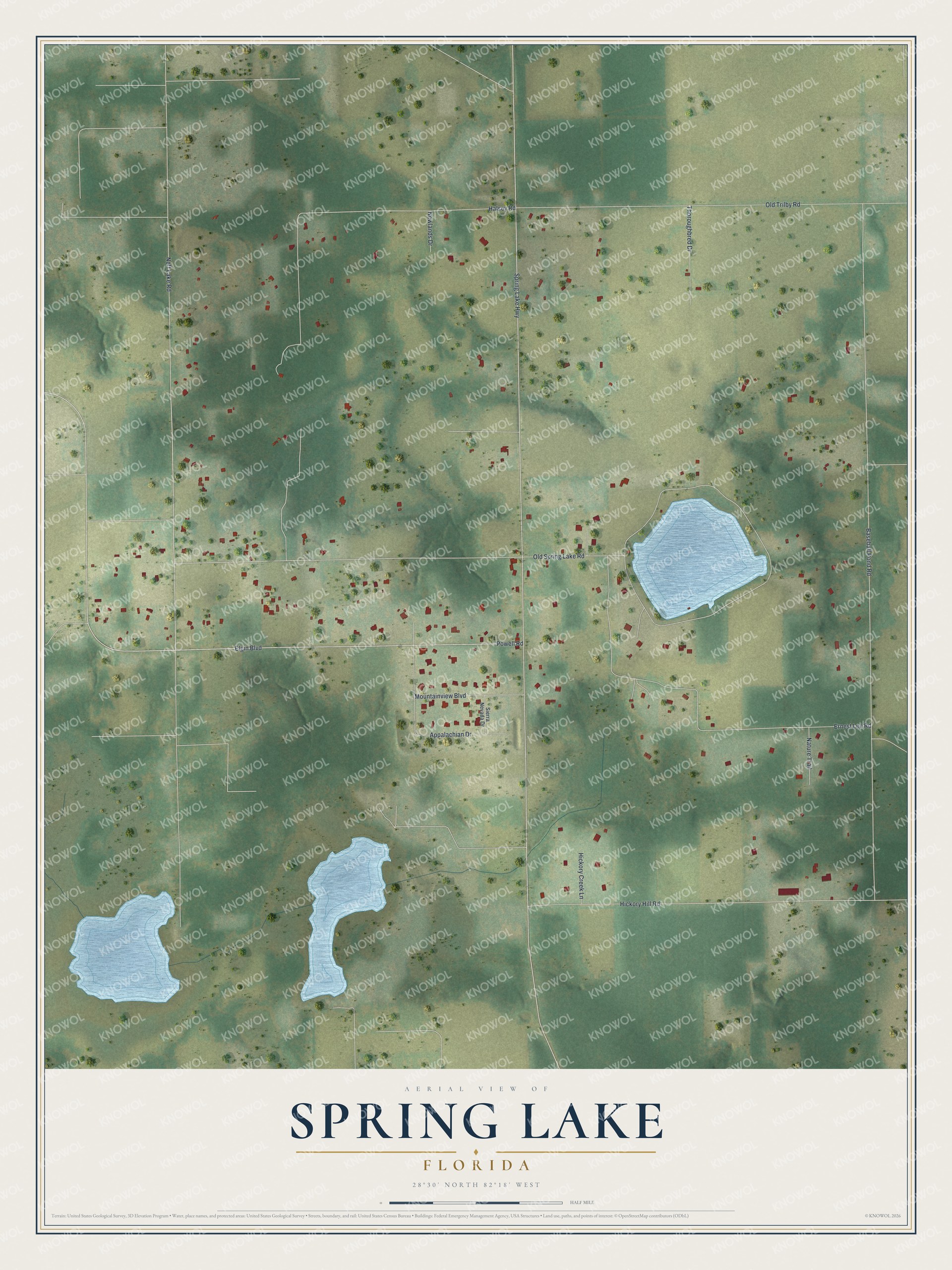 Full map of Spring Lake, Florida, with red buildings, printed street names and the land around them