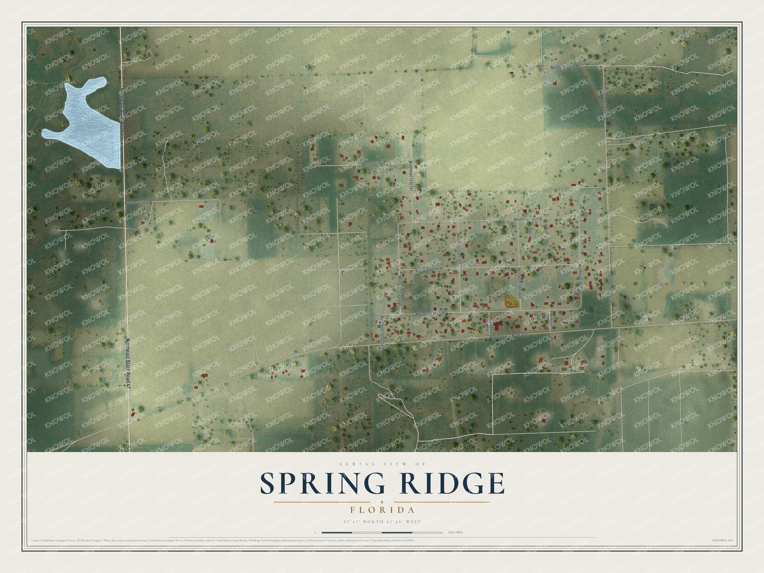 Full map of Spring Ridge, Florida, with red buildings, printed street names and the land around them