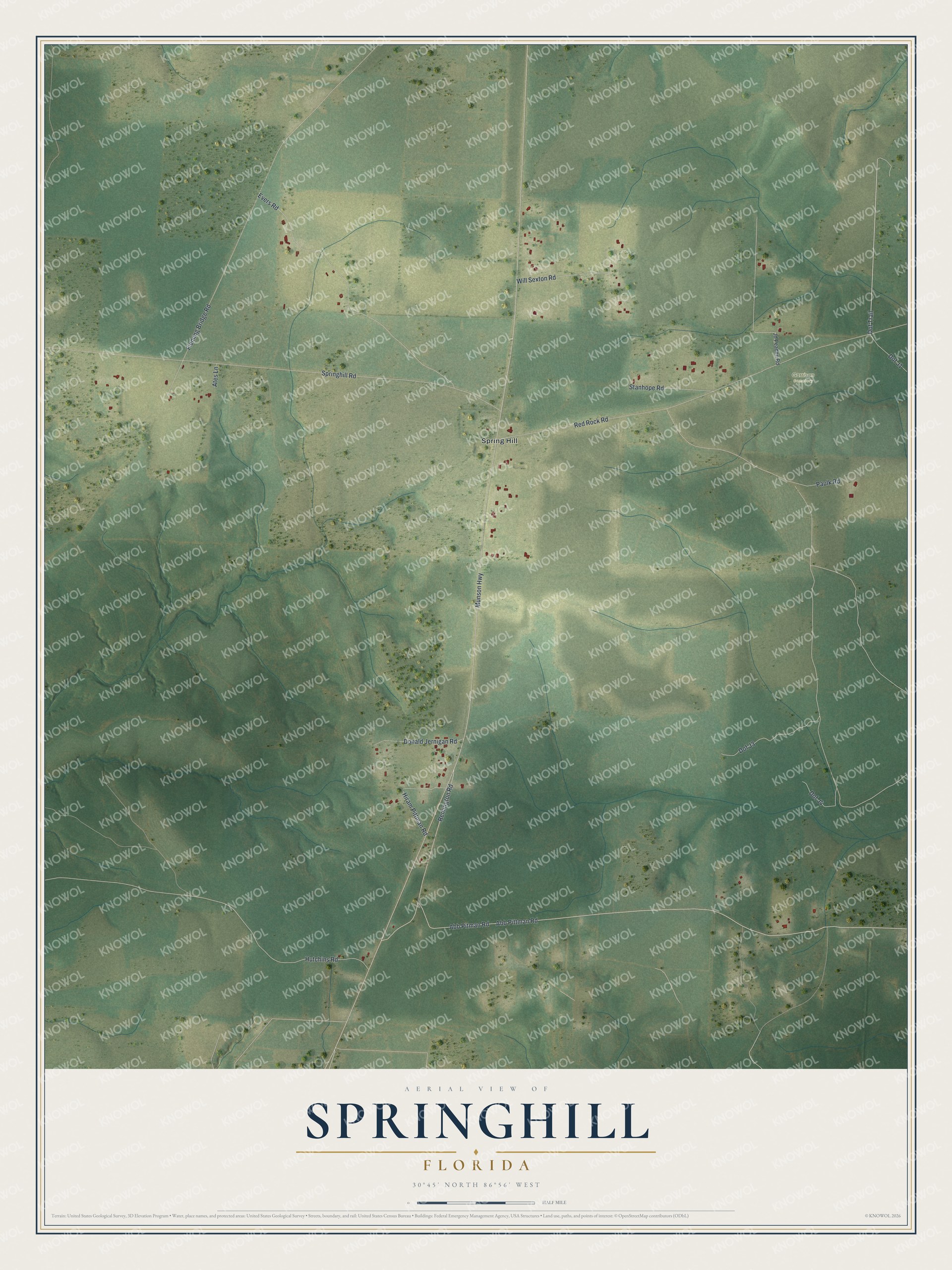 Full map of Springhill, Florida, with red buildings, printed street names and the land around them