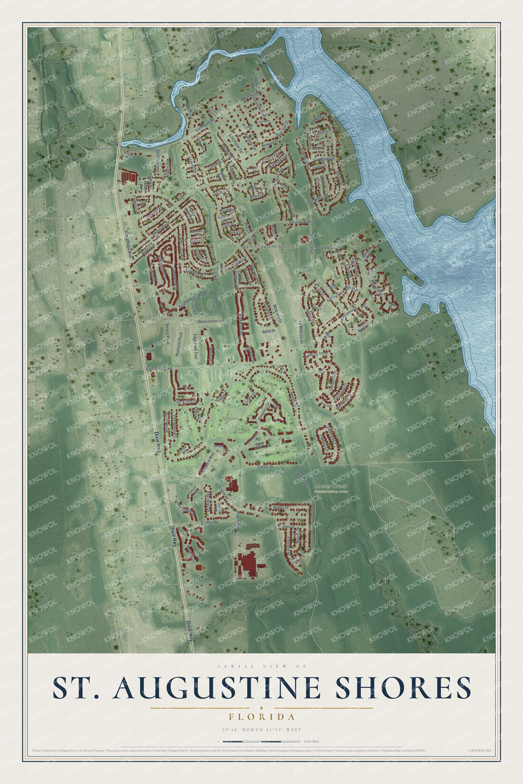 Full map of St. Augustine Shores, Florida, with red buildings, printed street names and the land around them