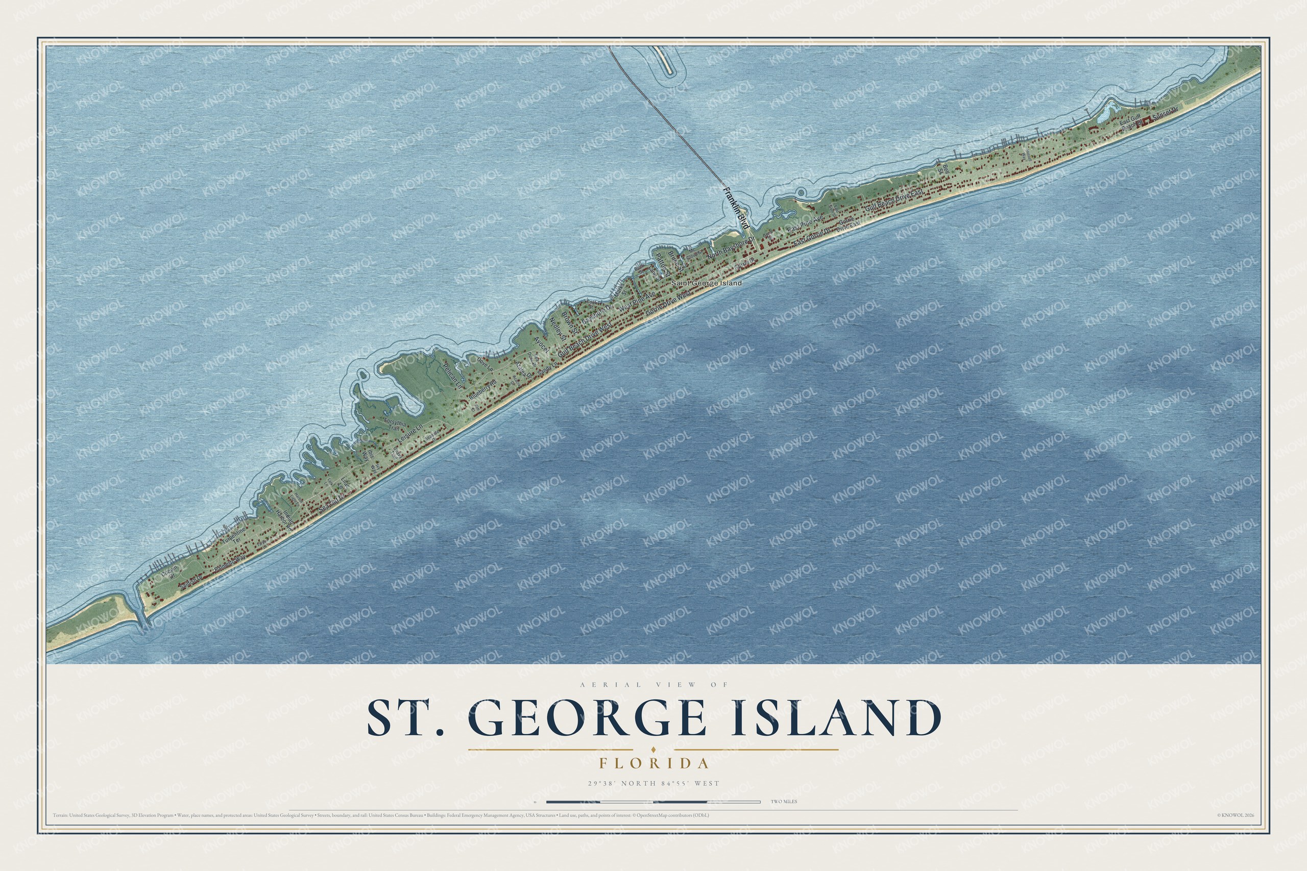 Full map of St. George Island, Florida, with red buildings, printed street names and the land around them