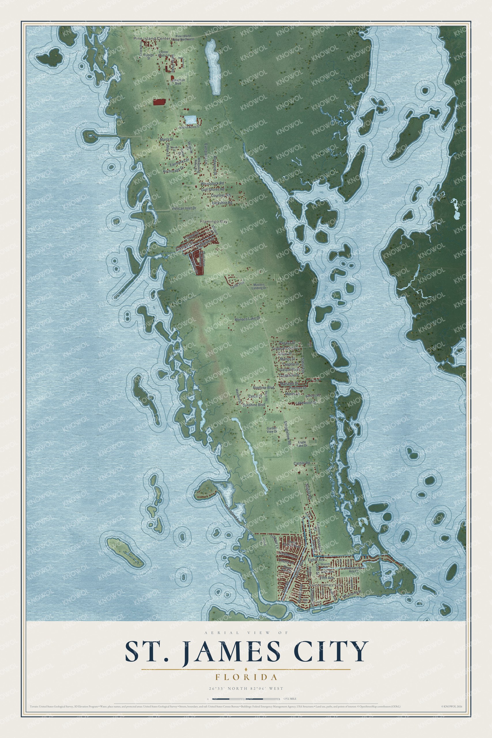Full map of St. James City, Florida, with red buildings, printed street names and the land around them